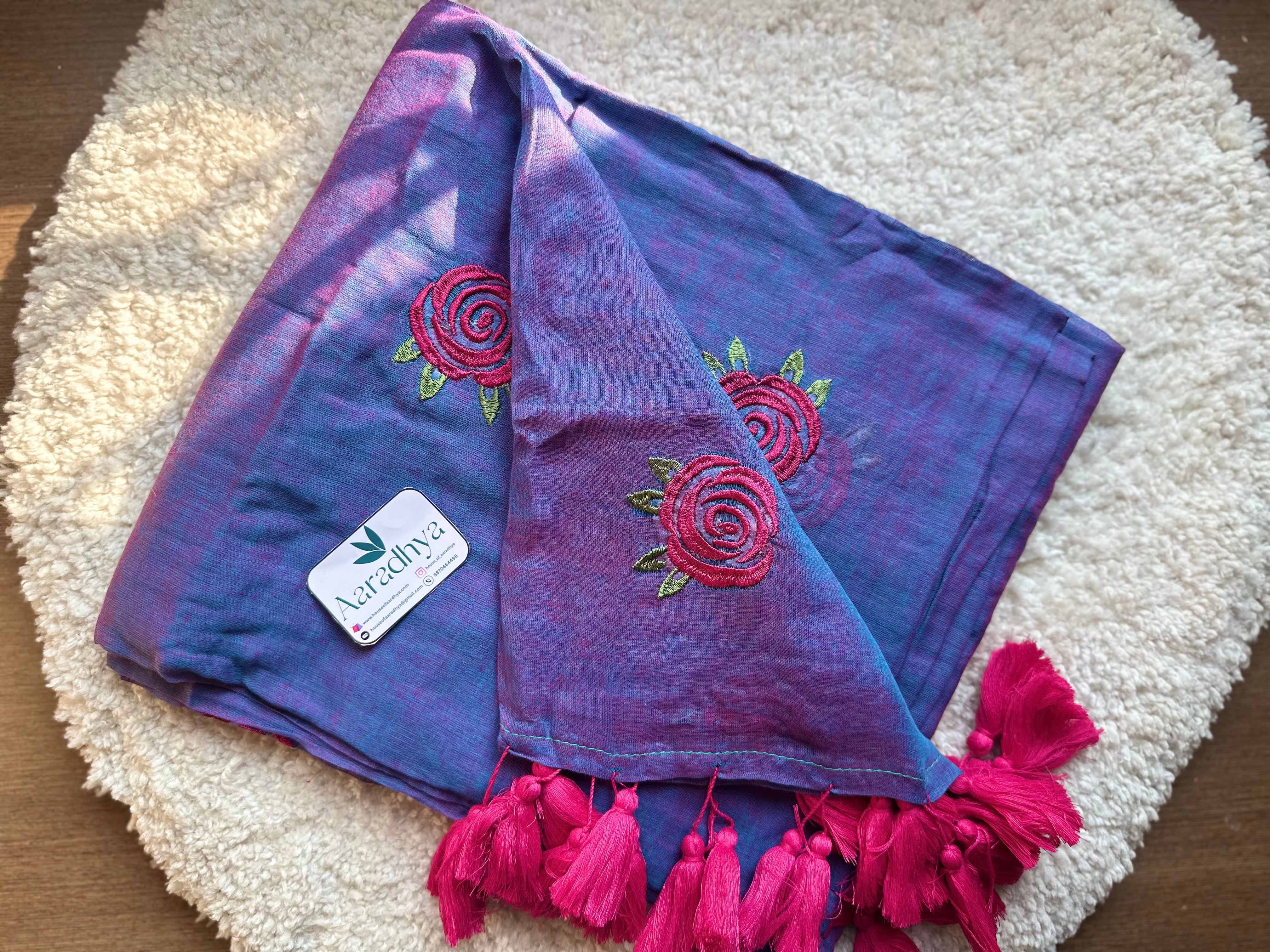 Rose Embroidery | Purple Mul Cotton Saree