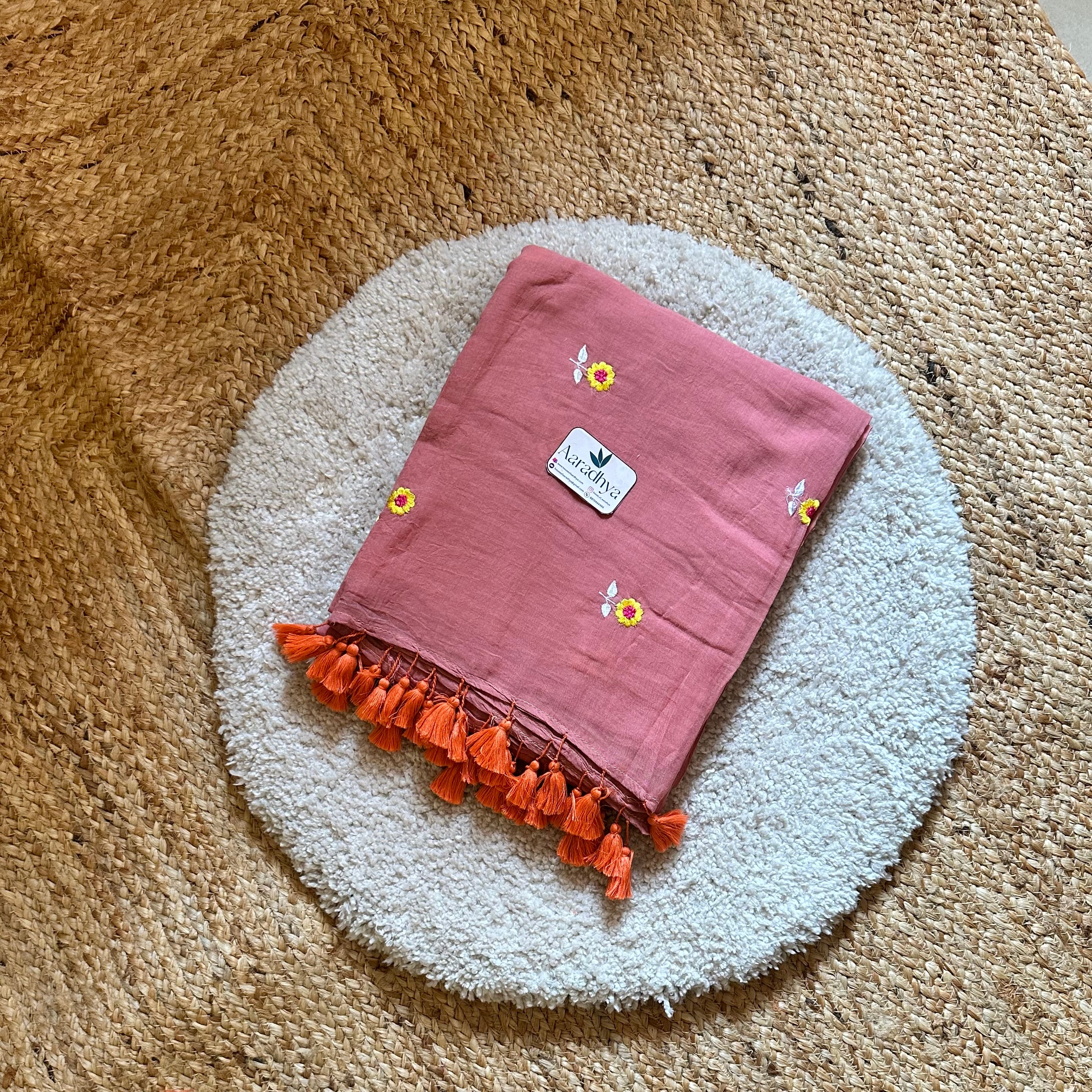 Small Daisy Embroidery | Peach Mul Cotton Saree