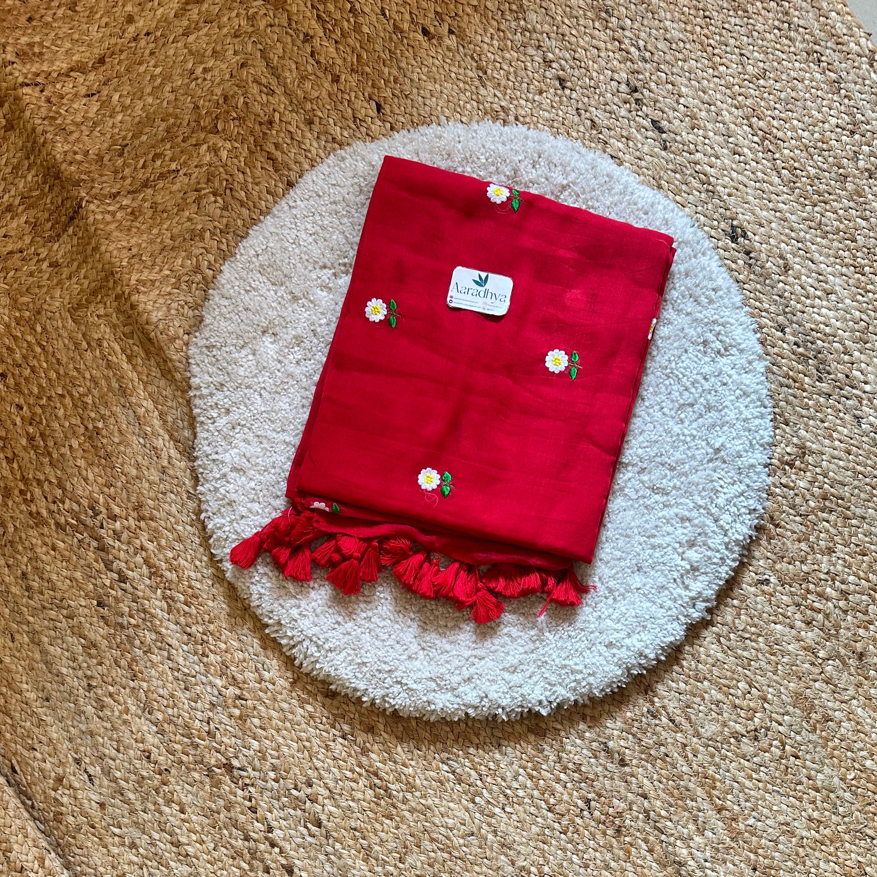 Small Daisy Embroidery | Red Mul Cotton Saree