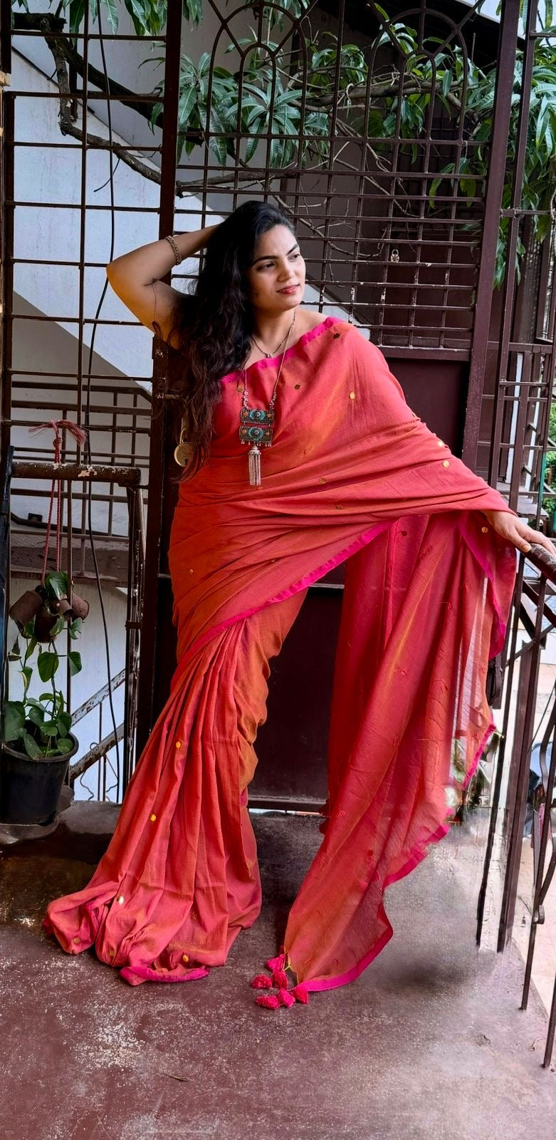 GINI Work | Tomato by green Soft Cotton Saree