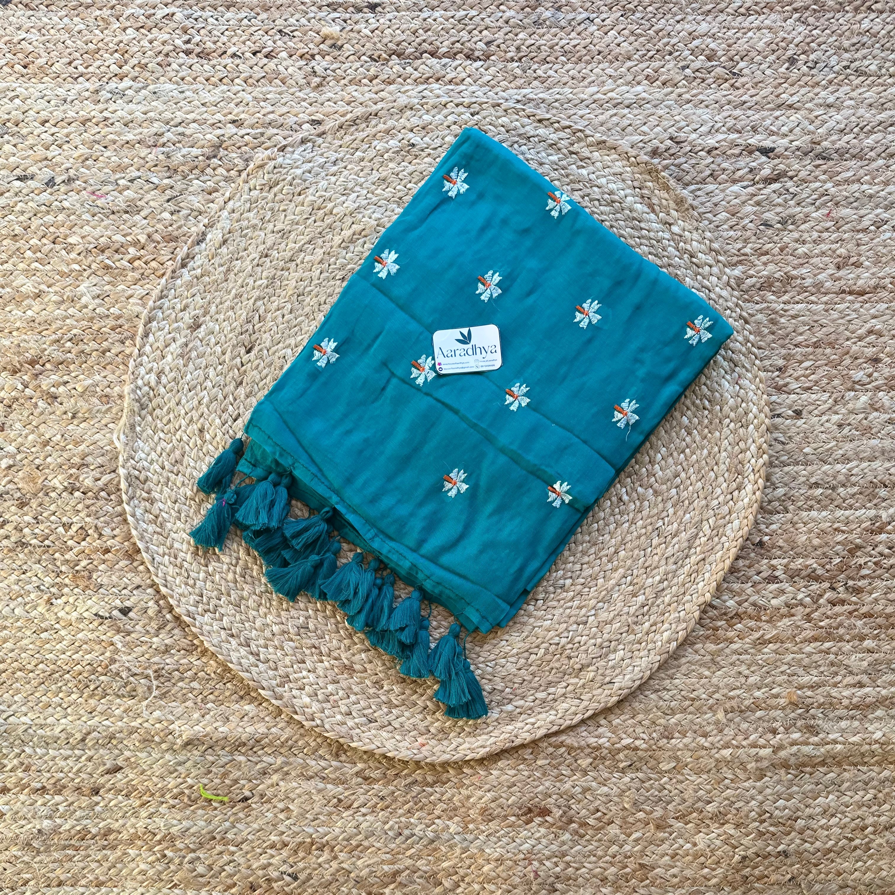 Prajakta Embroidery | Rama Green Mul Cotton Saree