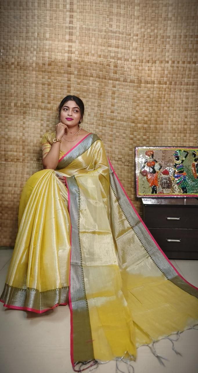 Temple border | Yellow | Raga Tissue Saree