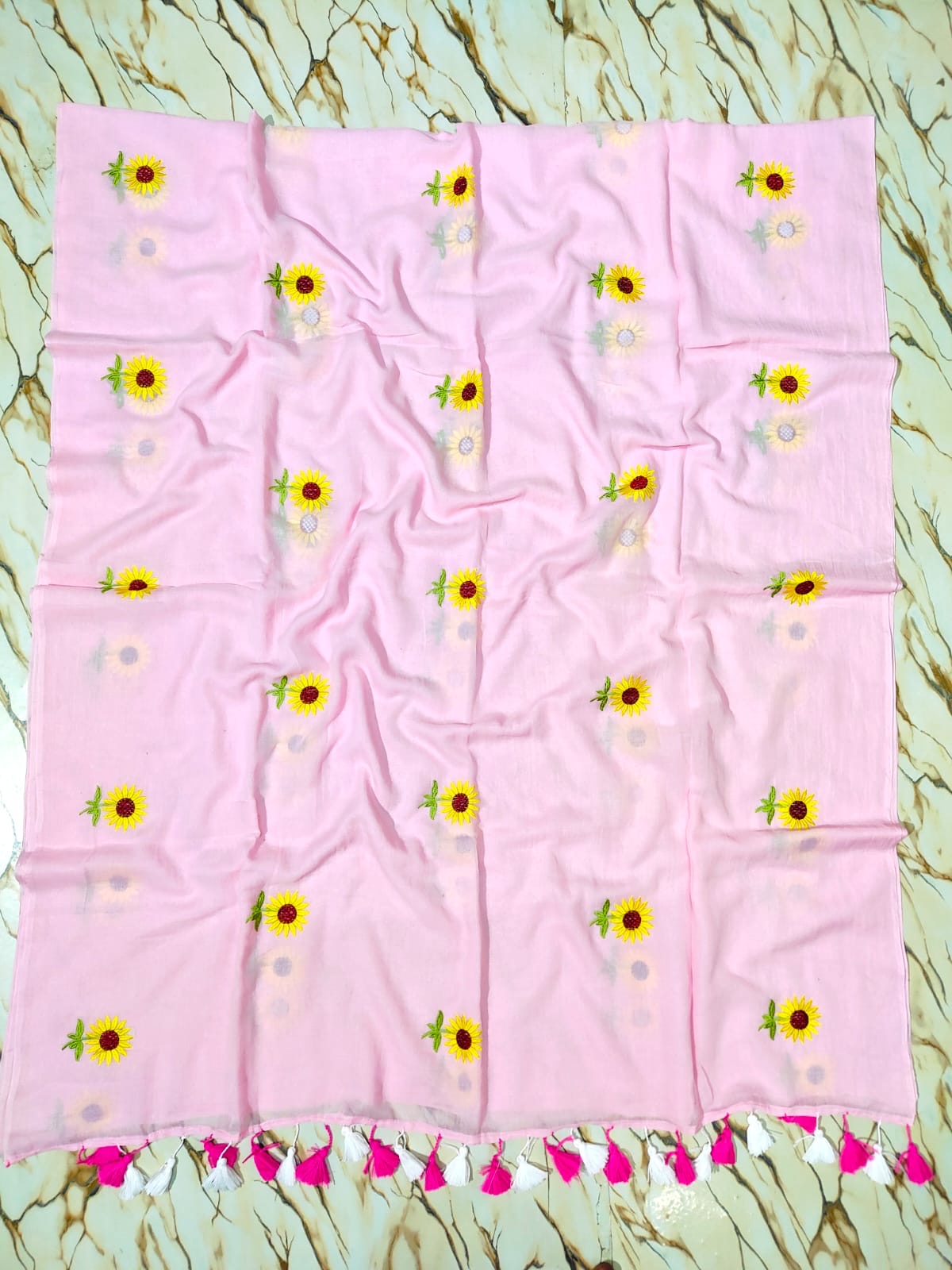 Sunflower Embroidery | Baby Pink Mul Cotton Saree