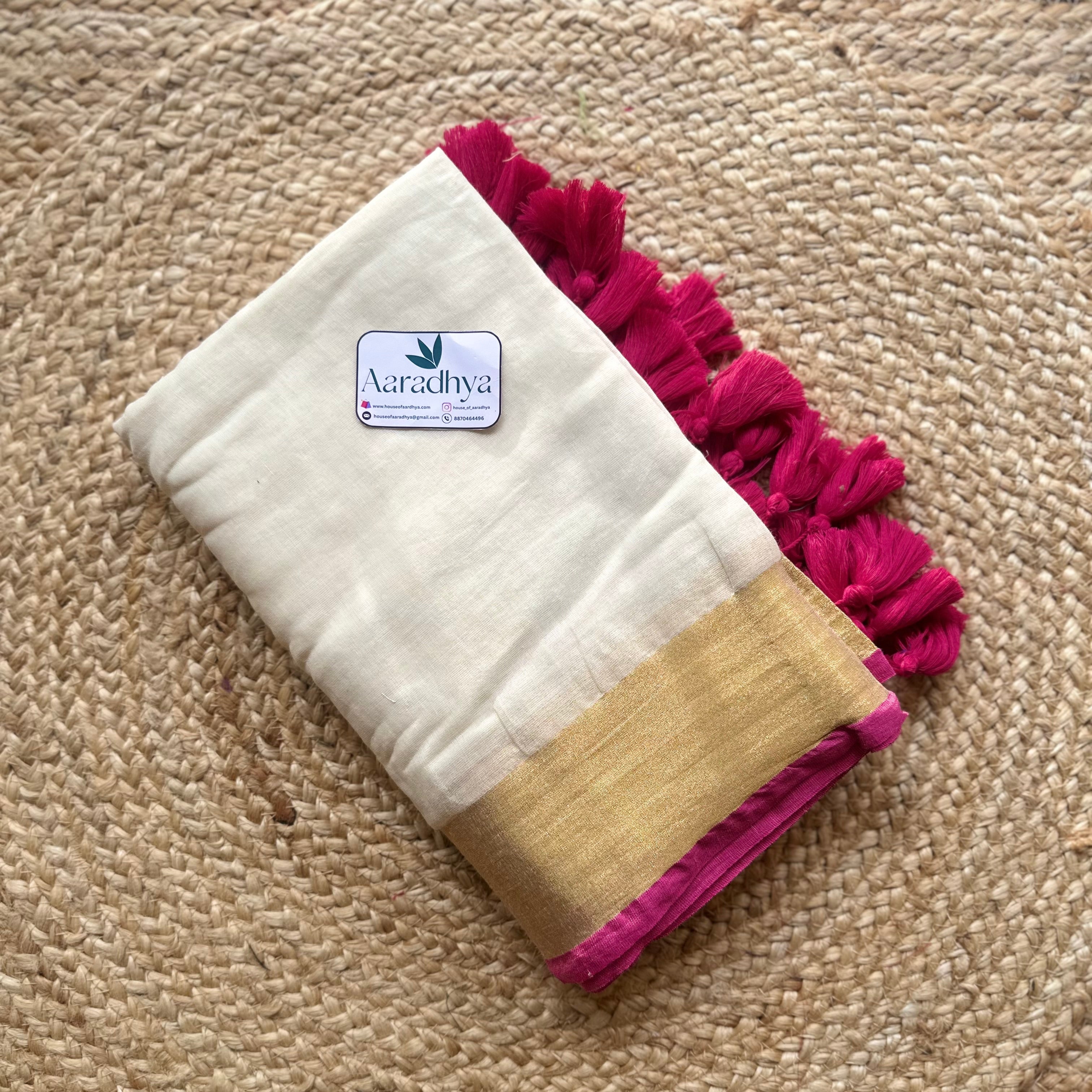 Kerala Kasavu saree | PINK Border Mul Cotton Saree