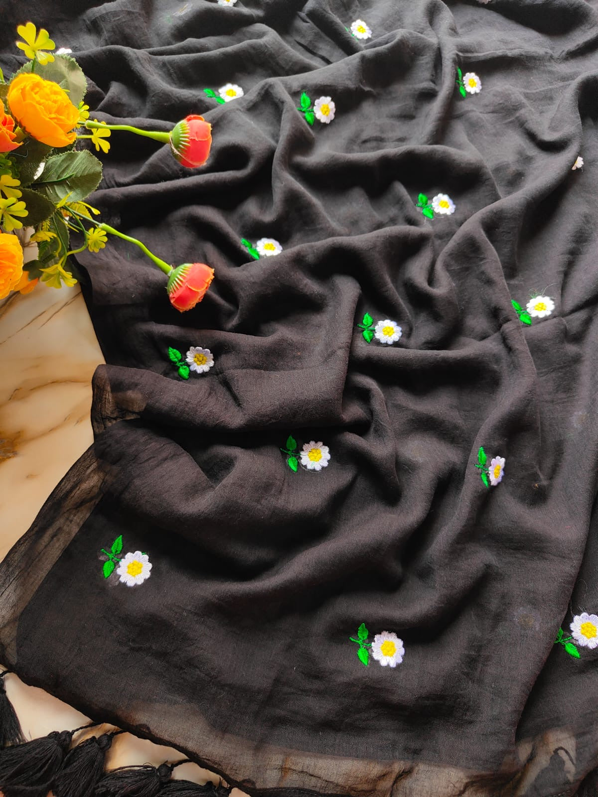 Small Daisy Embroidery | Black Mul Cotton Saree