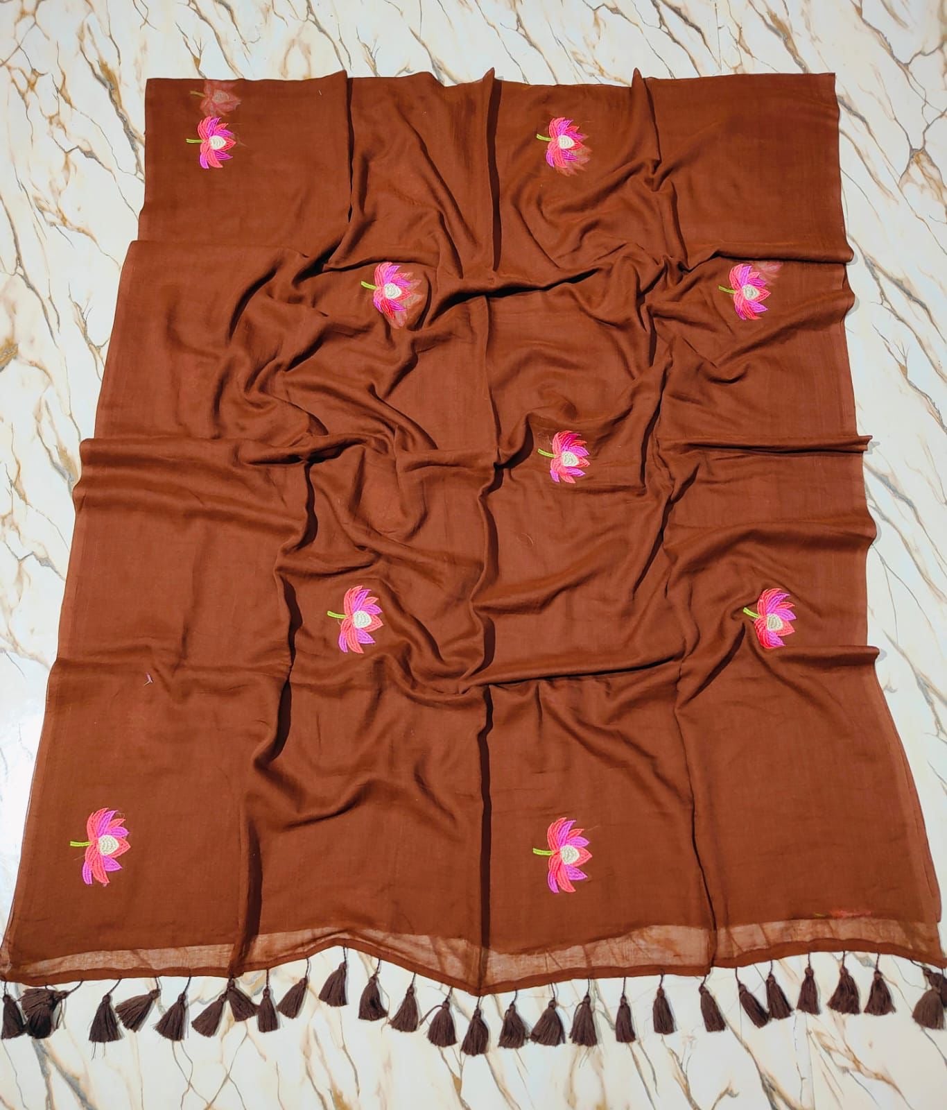 Lotus Embroidery |Coffee Brown Mul Cotton Saree