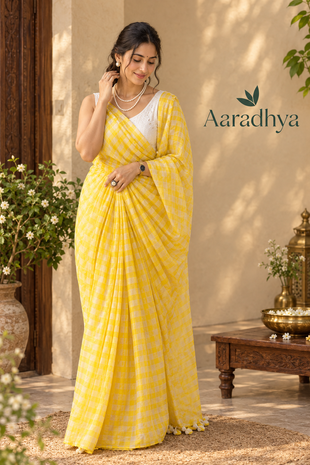Checked Pattern | Yellow and White Mul Cotton Saree
