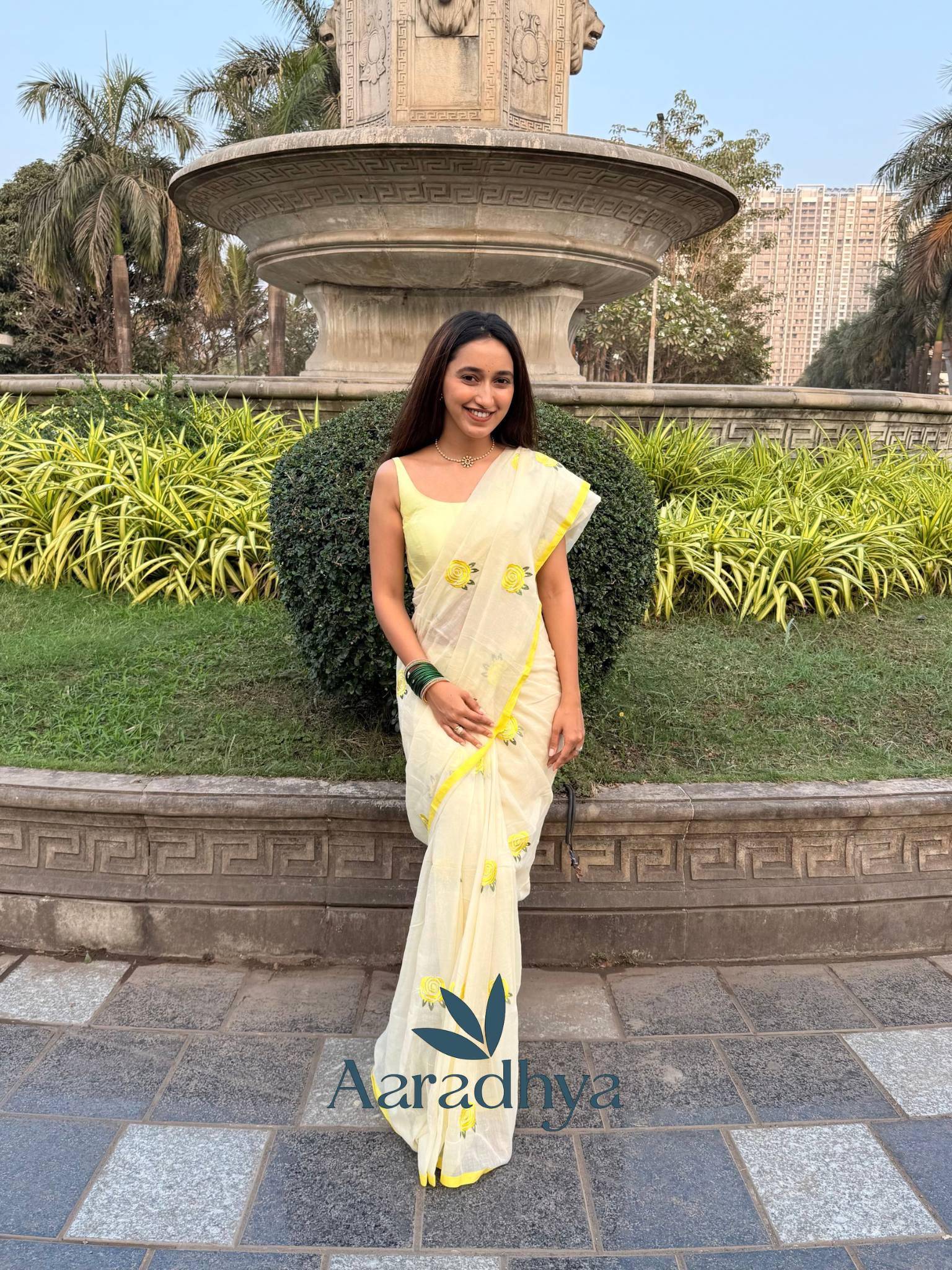 Rose Embroidery | Neon Yellow Mul Cotton Saree