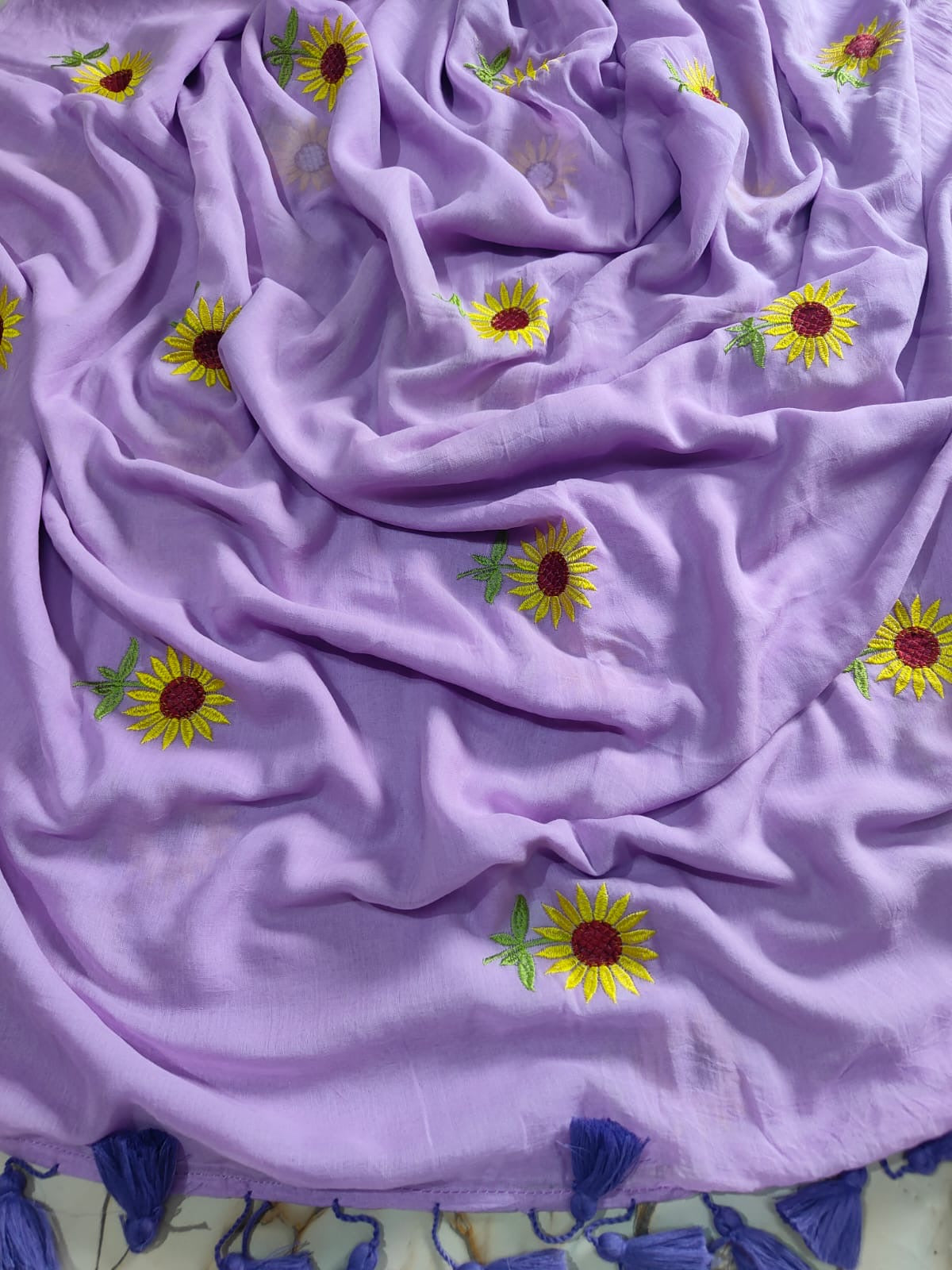 Sunflower Embroidery | Lavender Mul Cotton Saree