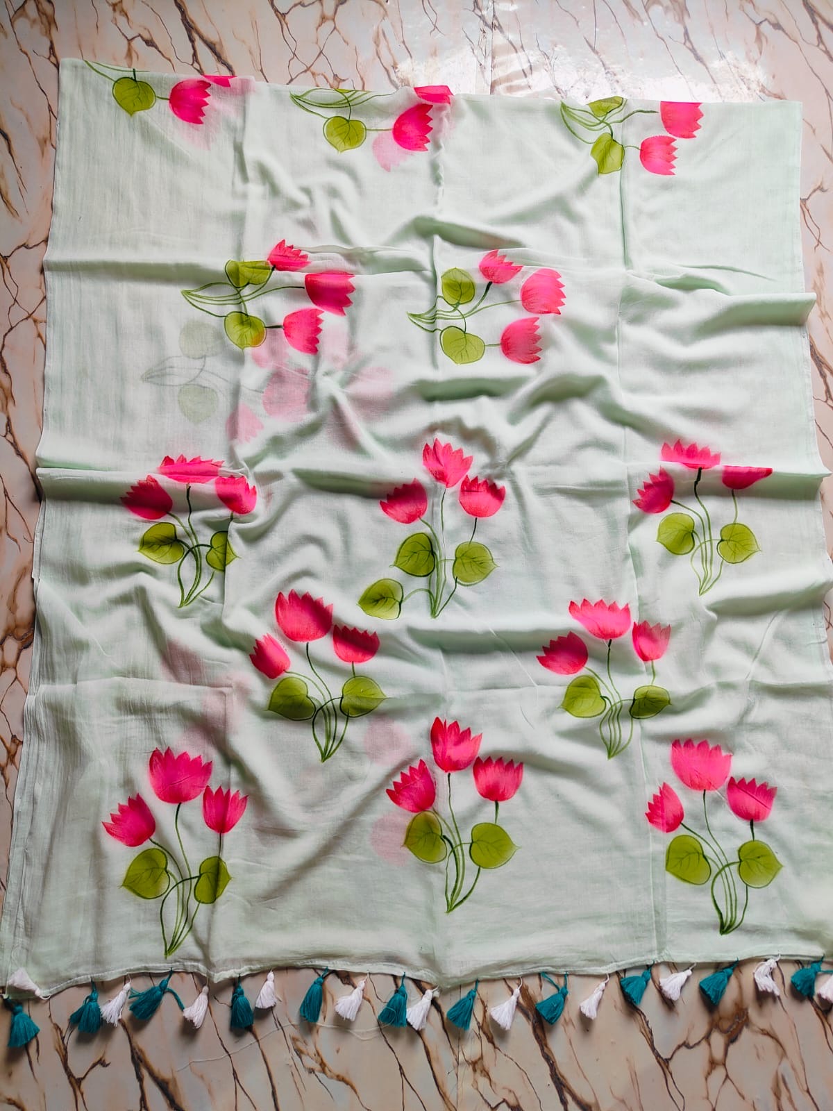 Lotus Hand Painted |Pastel Green Mul Cotton Saree