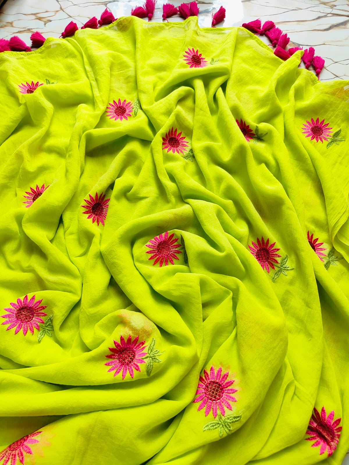 Sunflower Embroidery | Green Mul Cotton Saree
