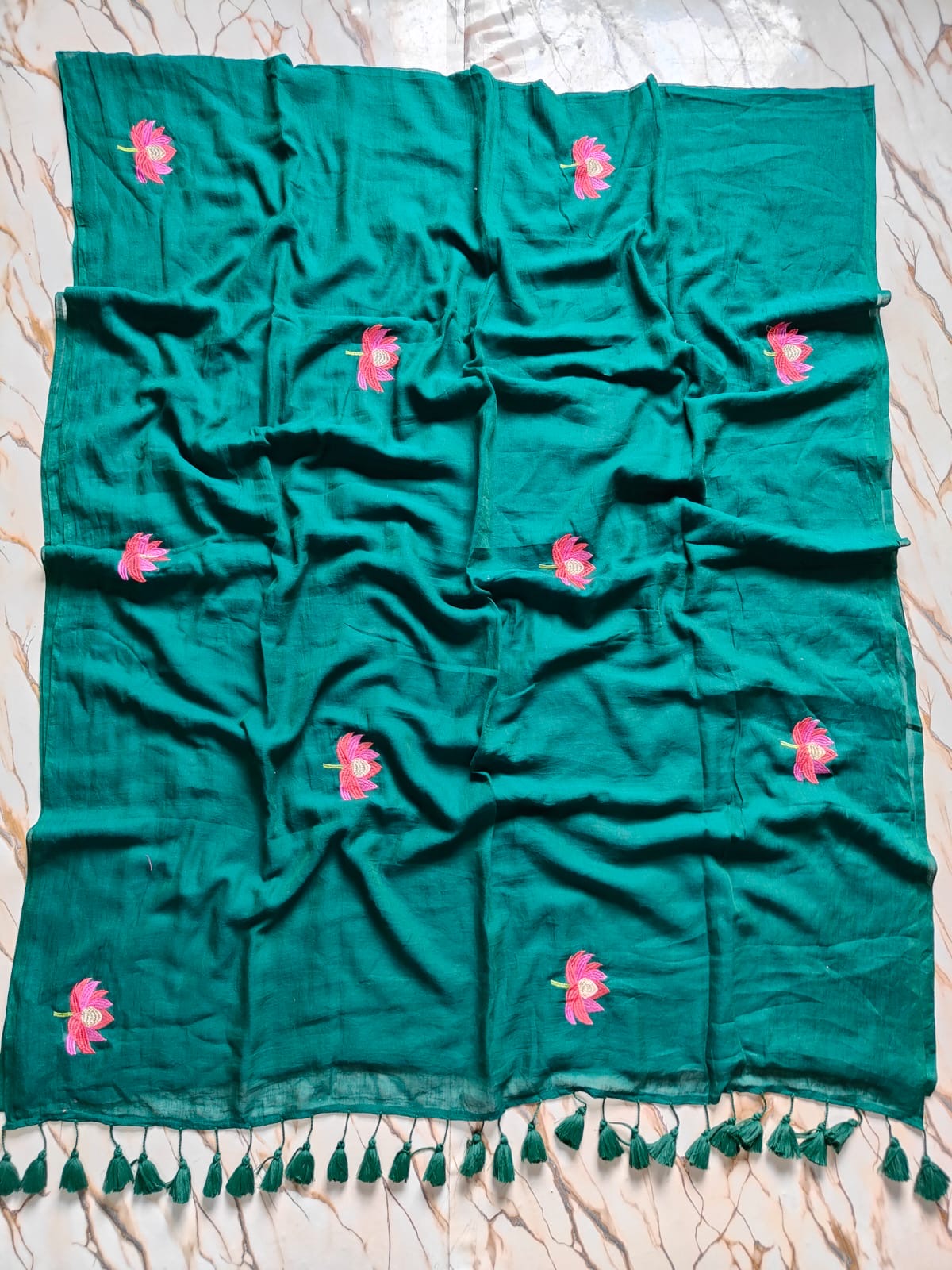 Lotus Embroidery |Rama Blue Mul Cotton Saree