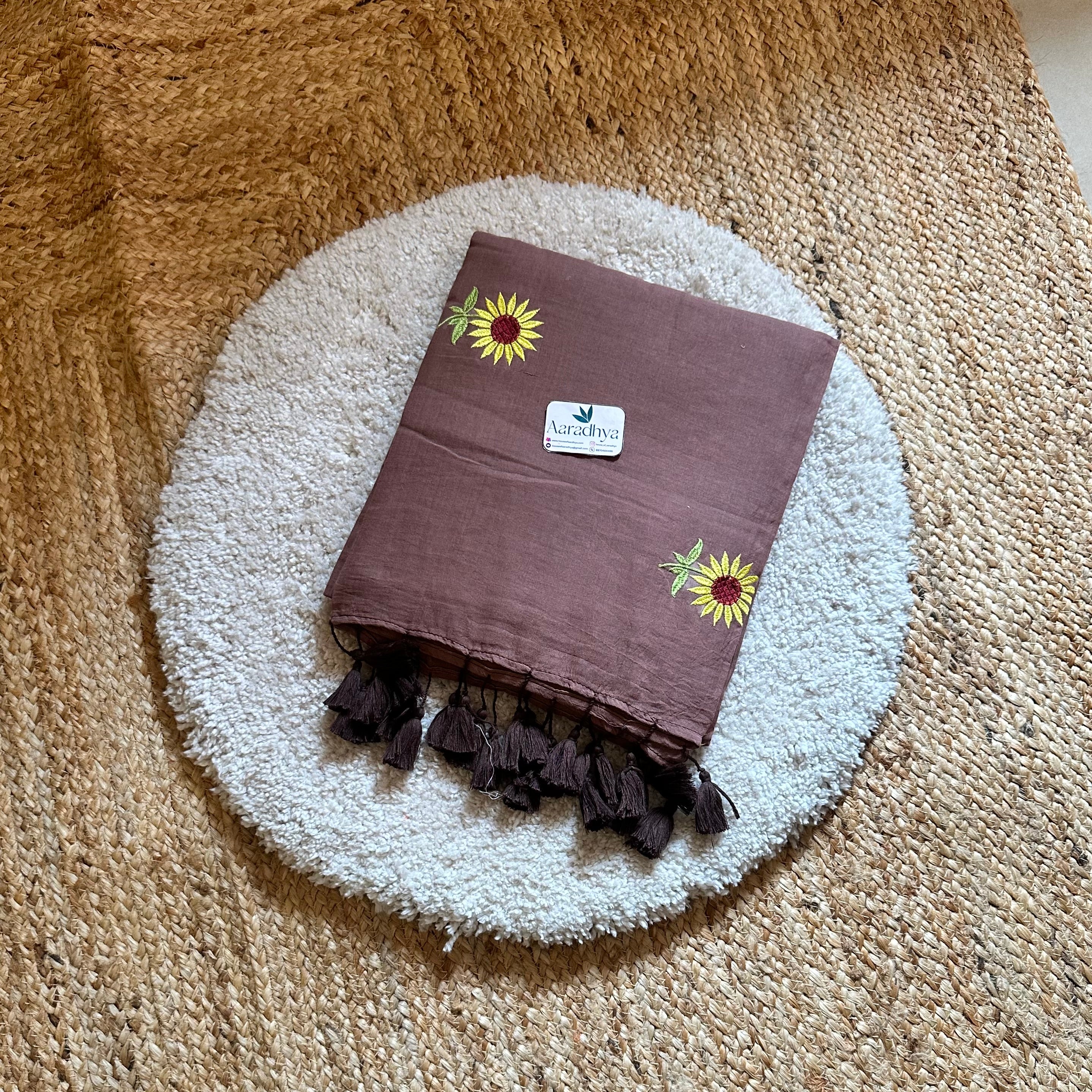 Sunflower Embroidery | chocolate mauve Mul Cotton Saree