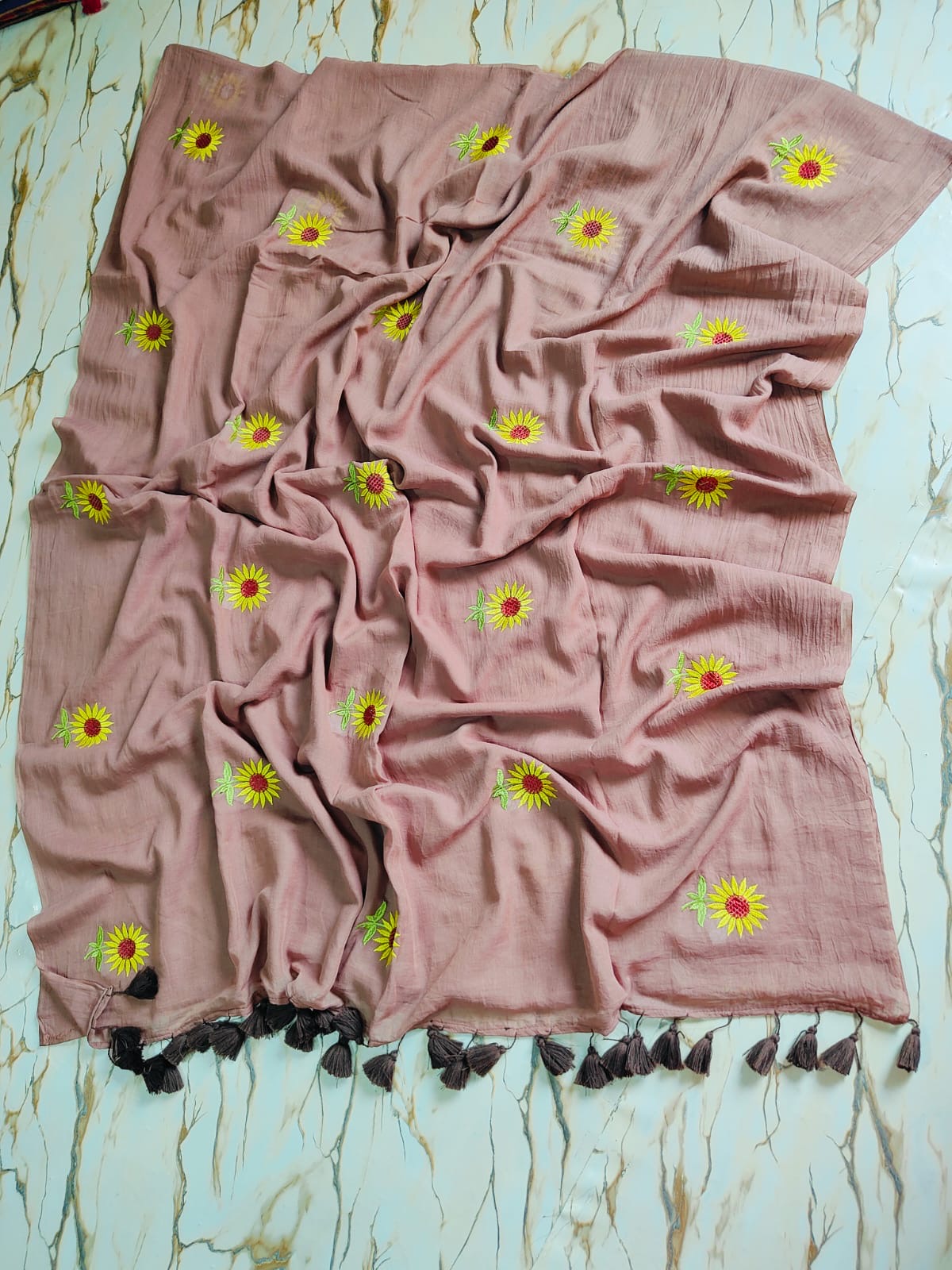 Sunflower Embroidery | chocolate mauve Mul Cotton Saree