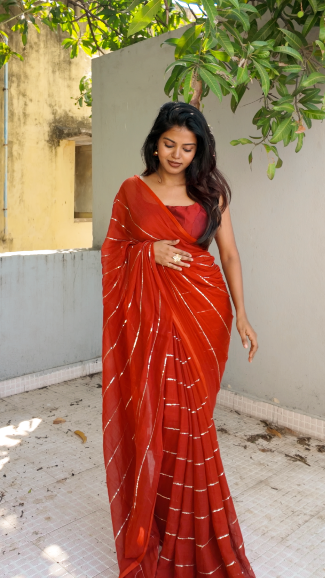 Sequence Work | Rust Orange Mul Cotton Saree