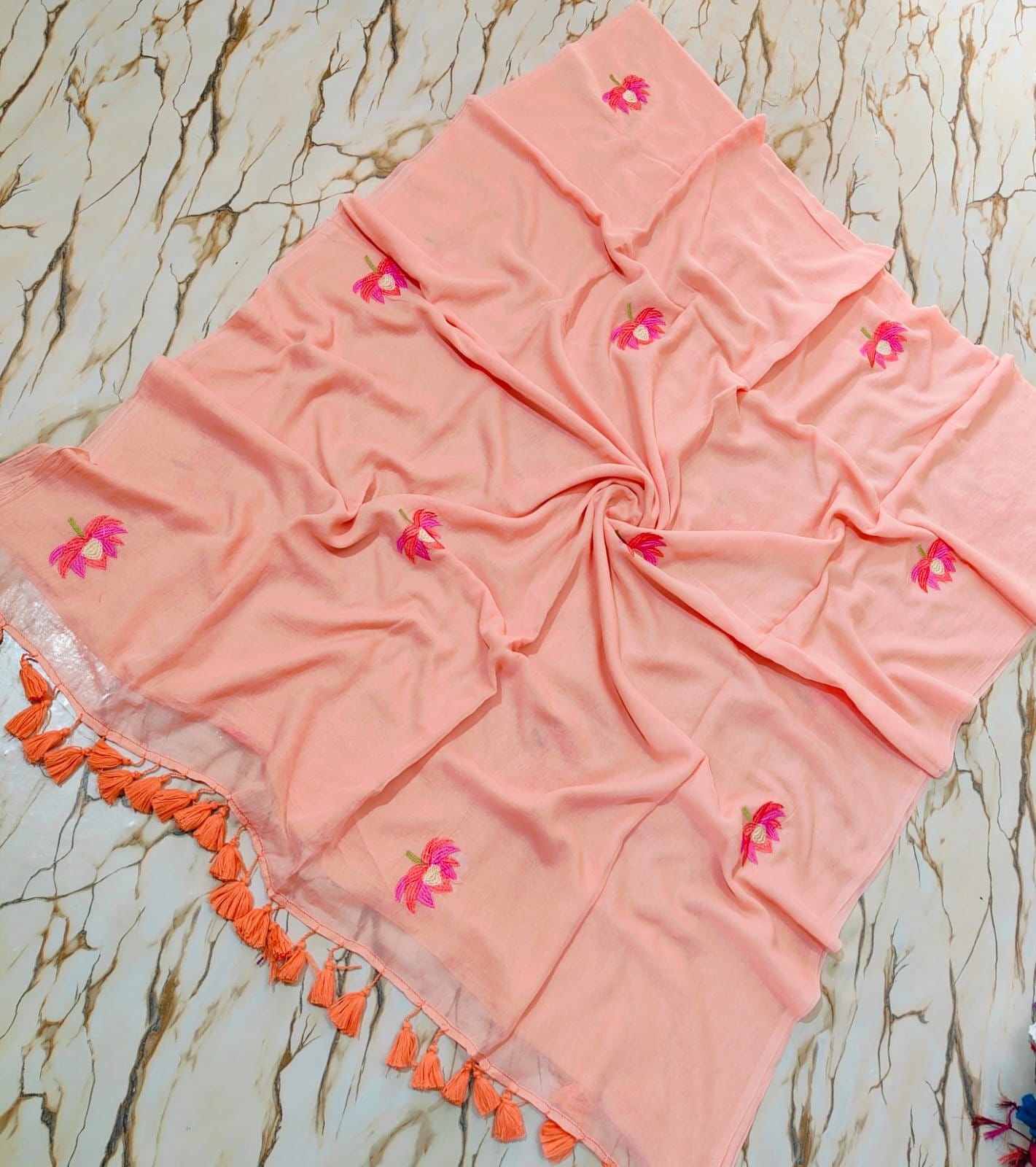 Lotus Embroidery |Peach Mul Cotton Saree