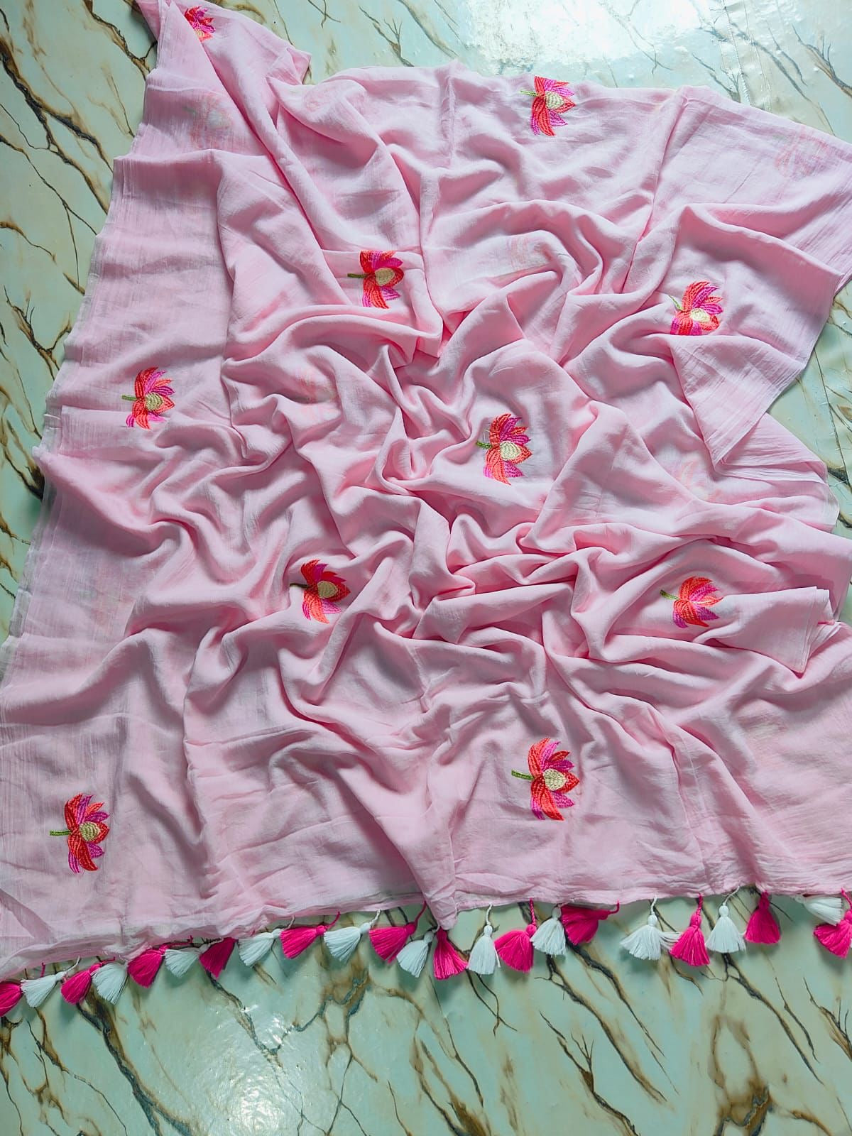 Lotus Embroidery |Light pink Mul Cotton Saree