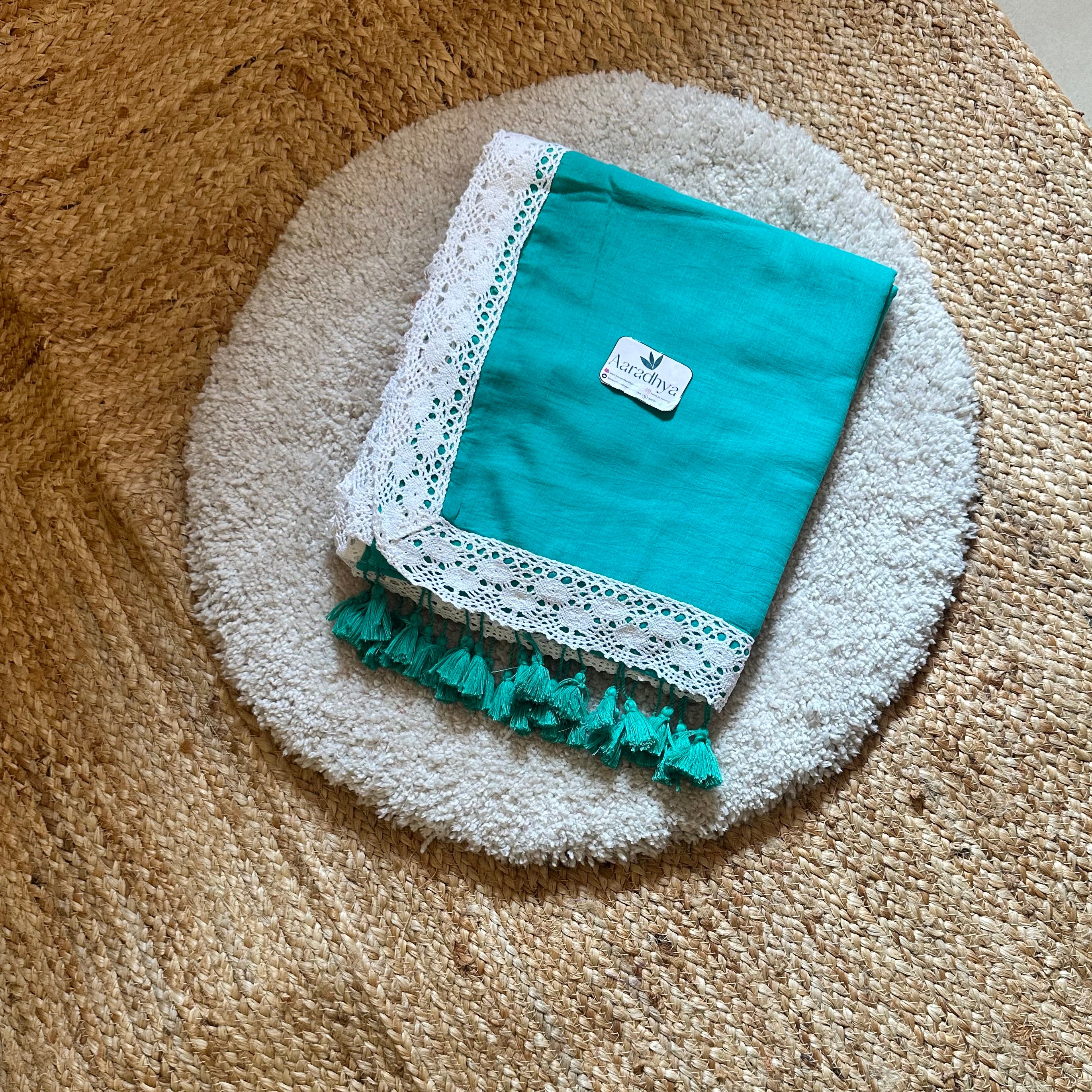Lace Border | Rama Green Mul Cotton Saree