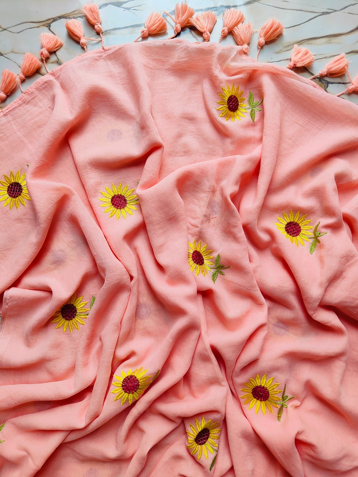 Sunflower Embroidery | Peach Mul Cotton Saree