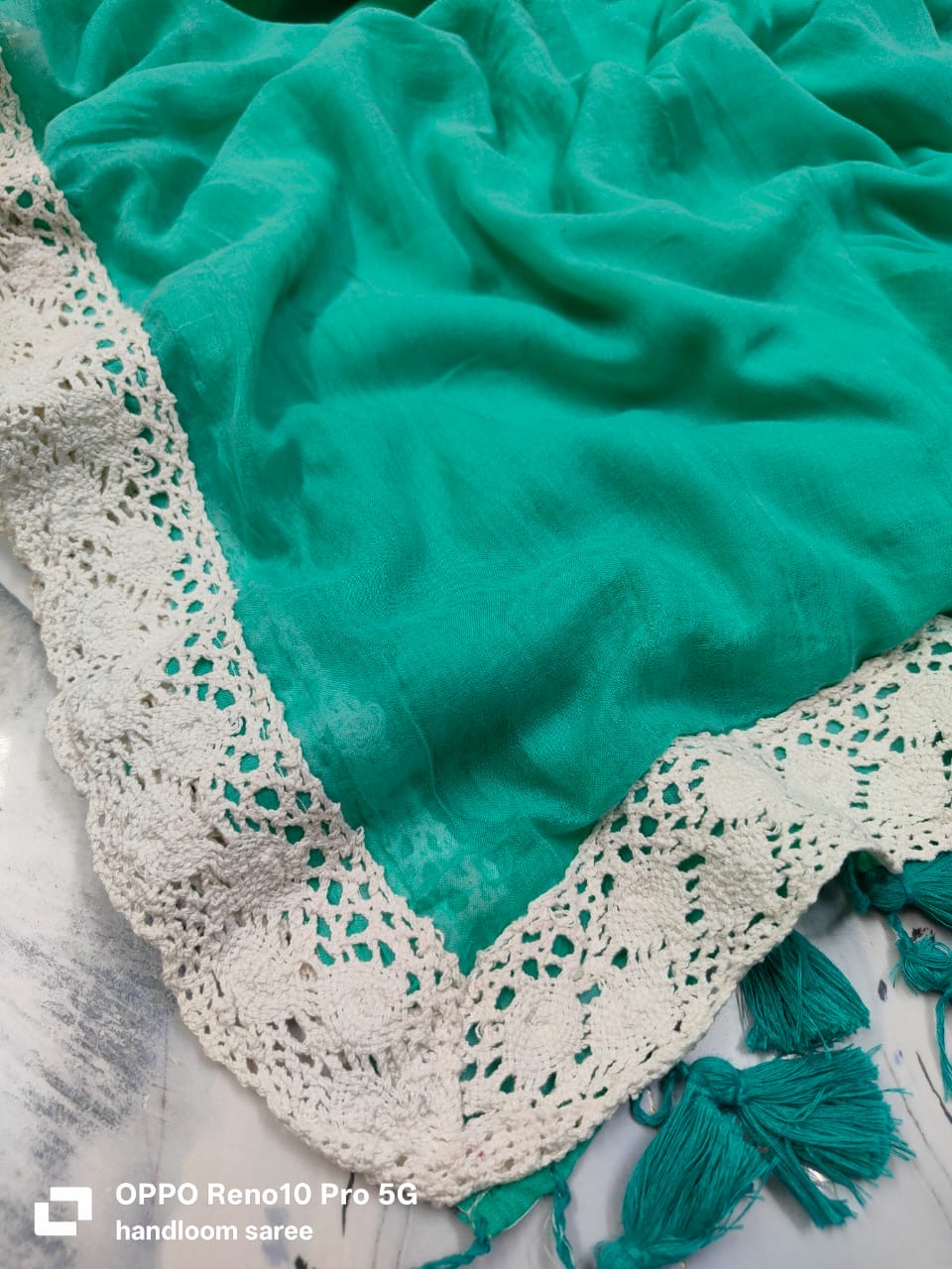 Lace Border | Rama Green Mul Cotton Saree