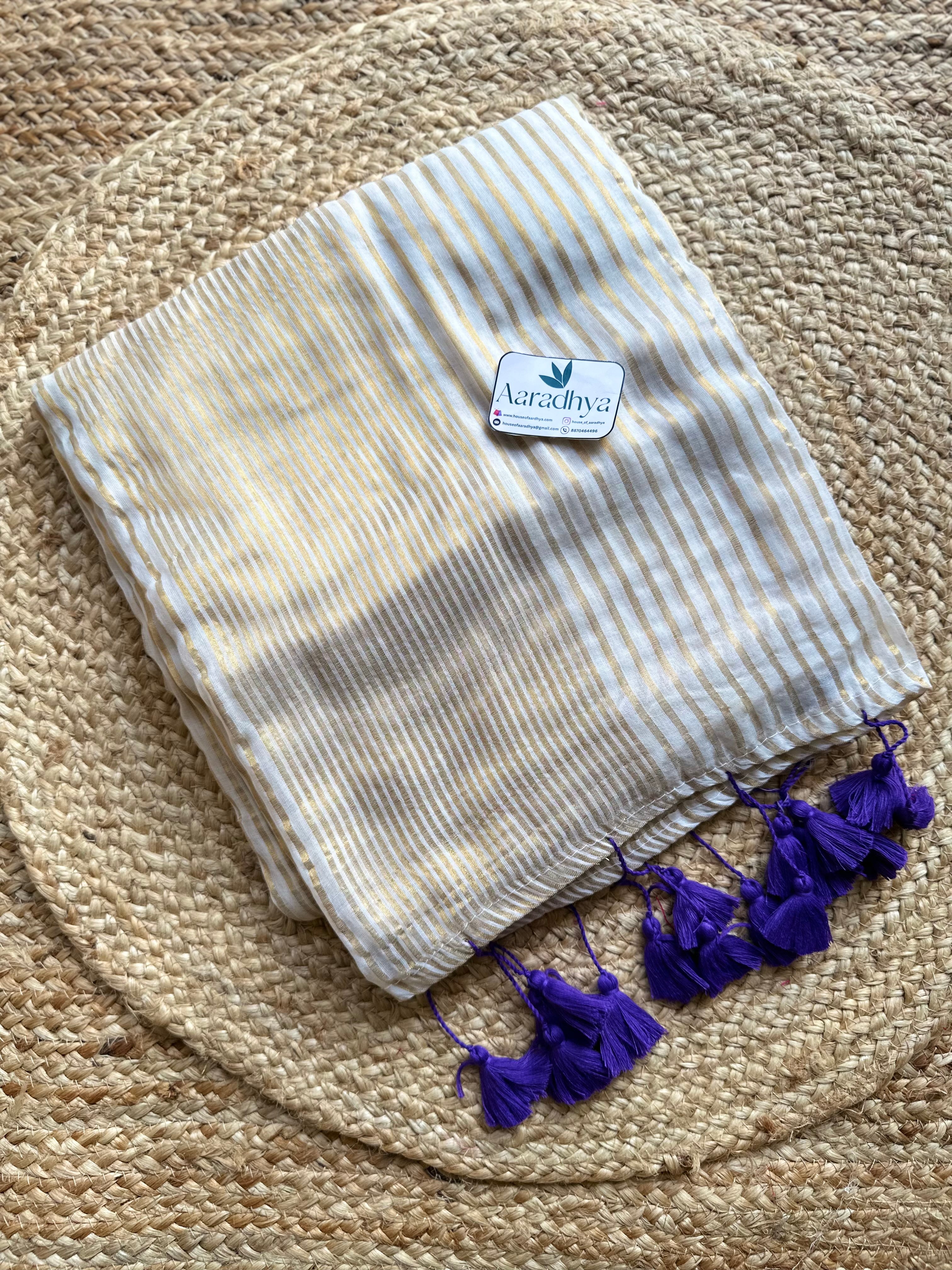 Golden Striped with lavender border | Mul Cotton Saree