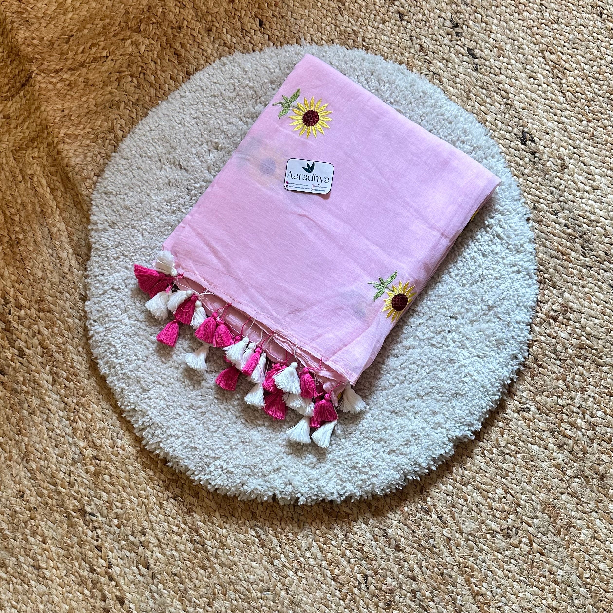Sunflower Embroidery | Baby Pink Mul Cotton Saree