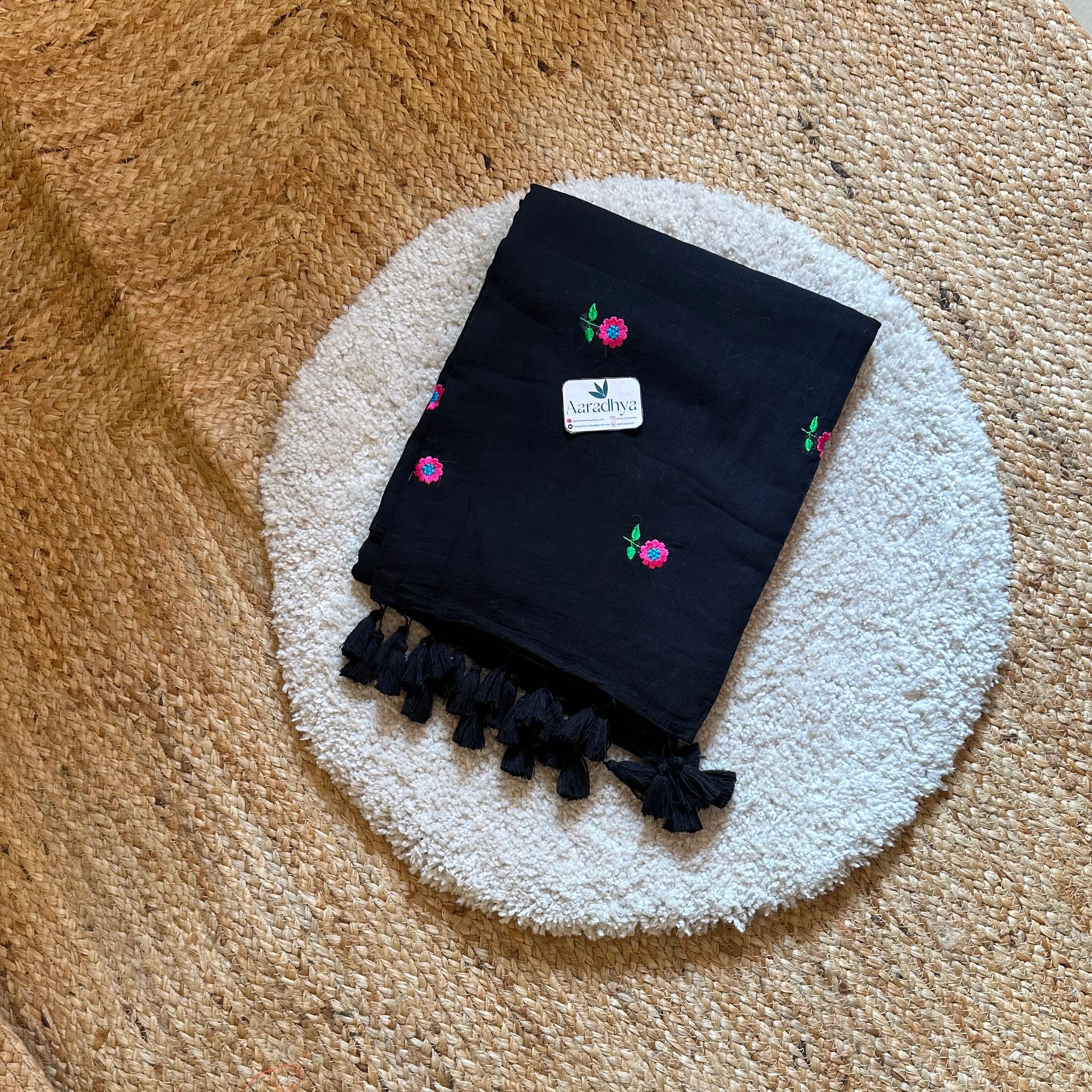 Small Daisy Embroidery | Black Mul Cotton Saree