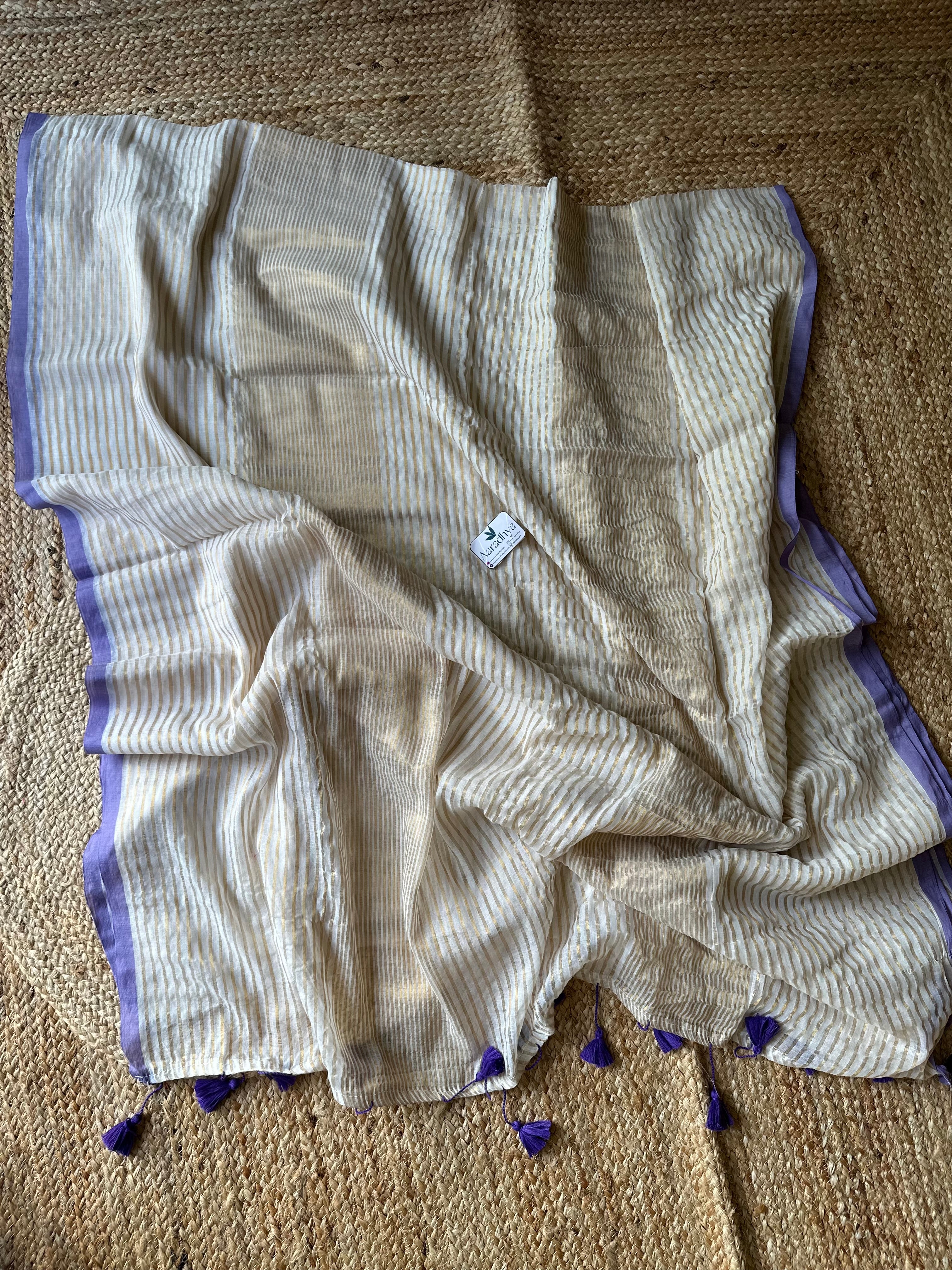 Golden Striped with lavender border | Mul Cotton Saree