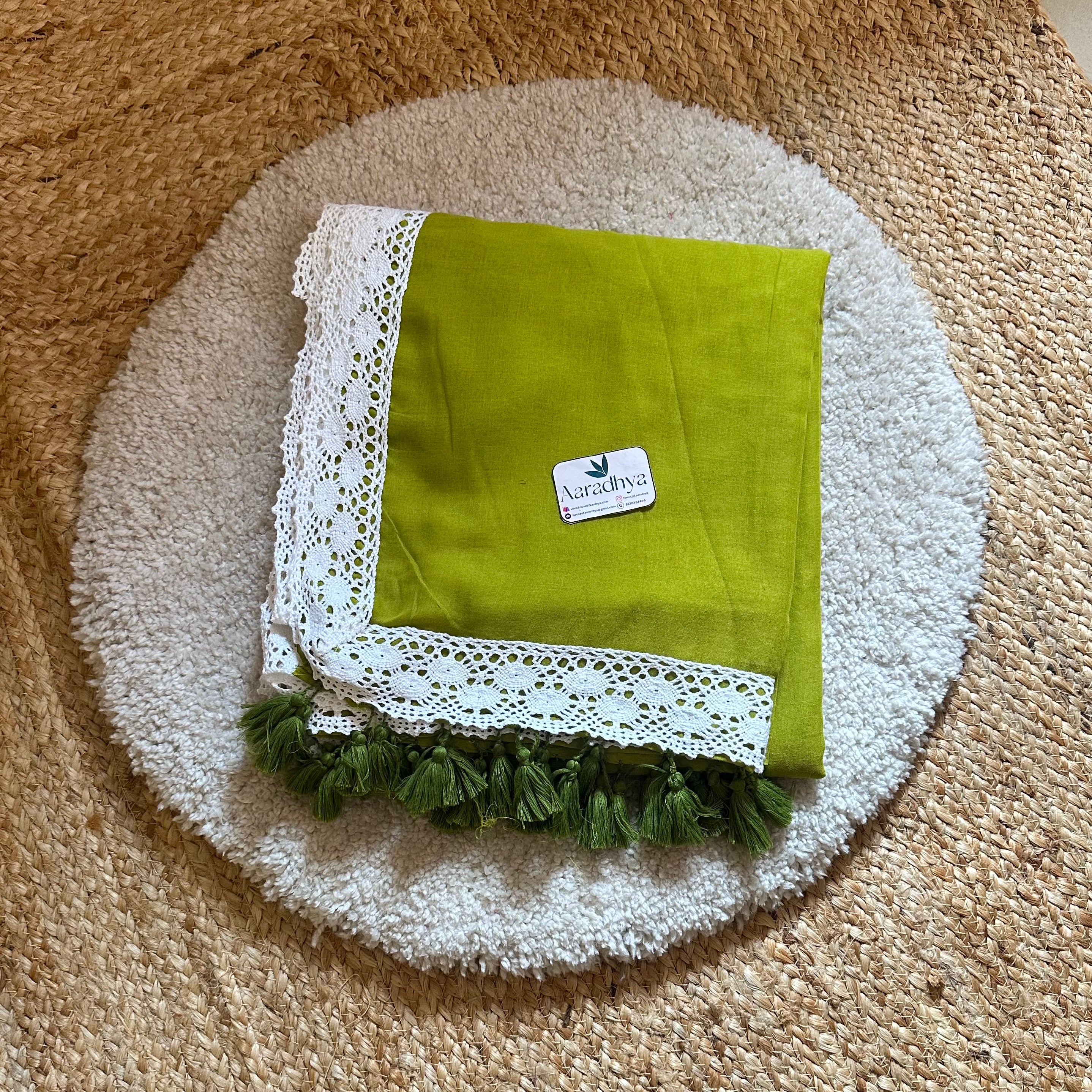 Lace Border | Parrot Green Cotton Saree