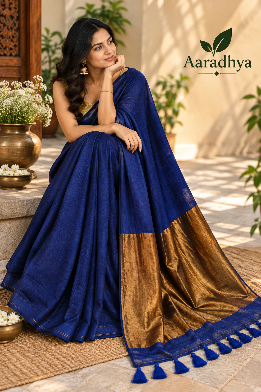 Golden Zari Pallu | Navy Blue Modal Cotton Saree