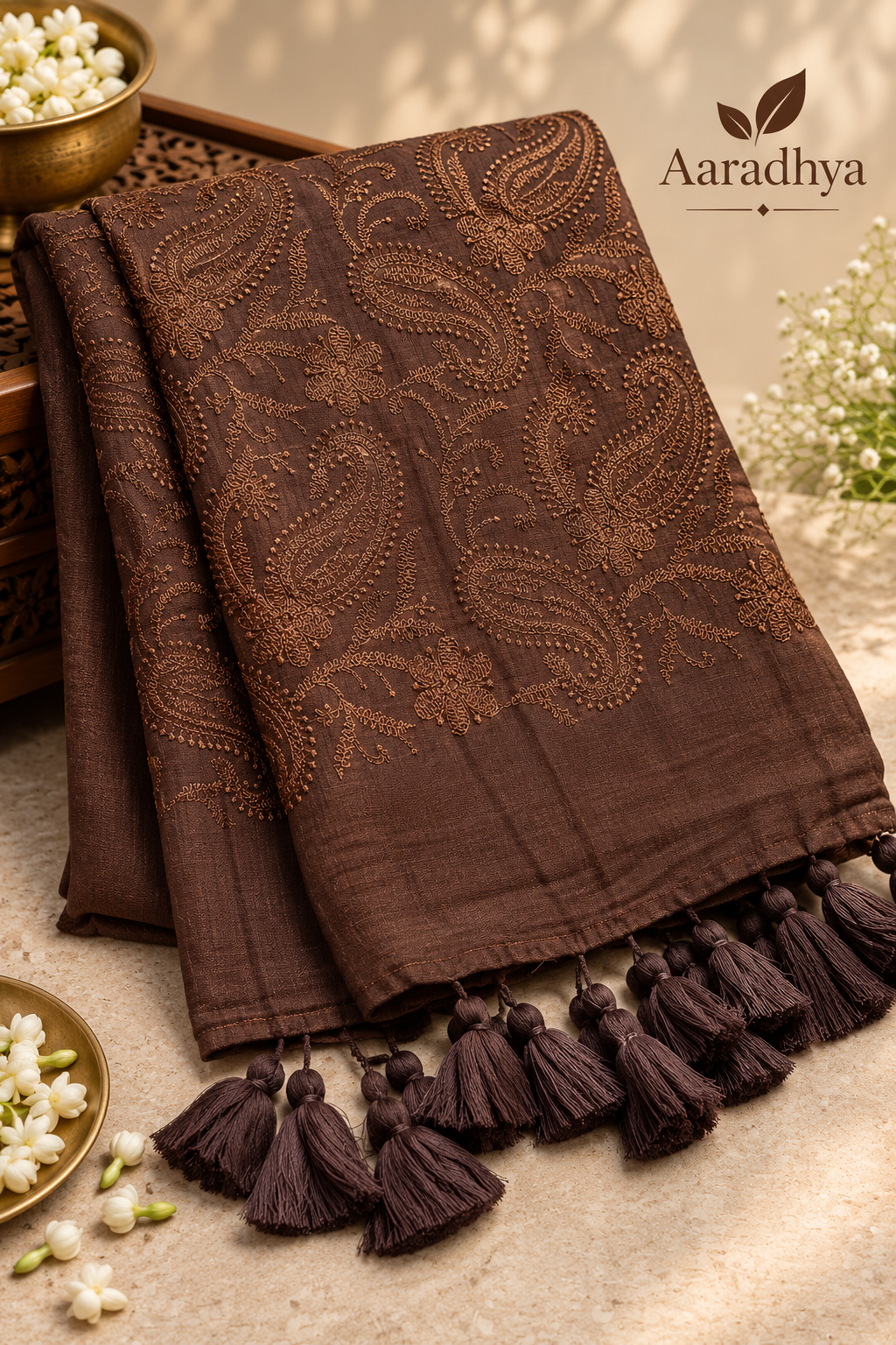 Chikankari Embroidery | Coffee Brown Mul Cotton Saree