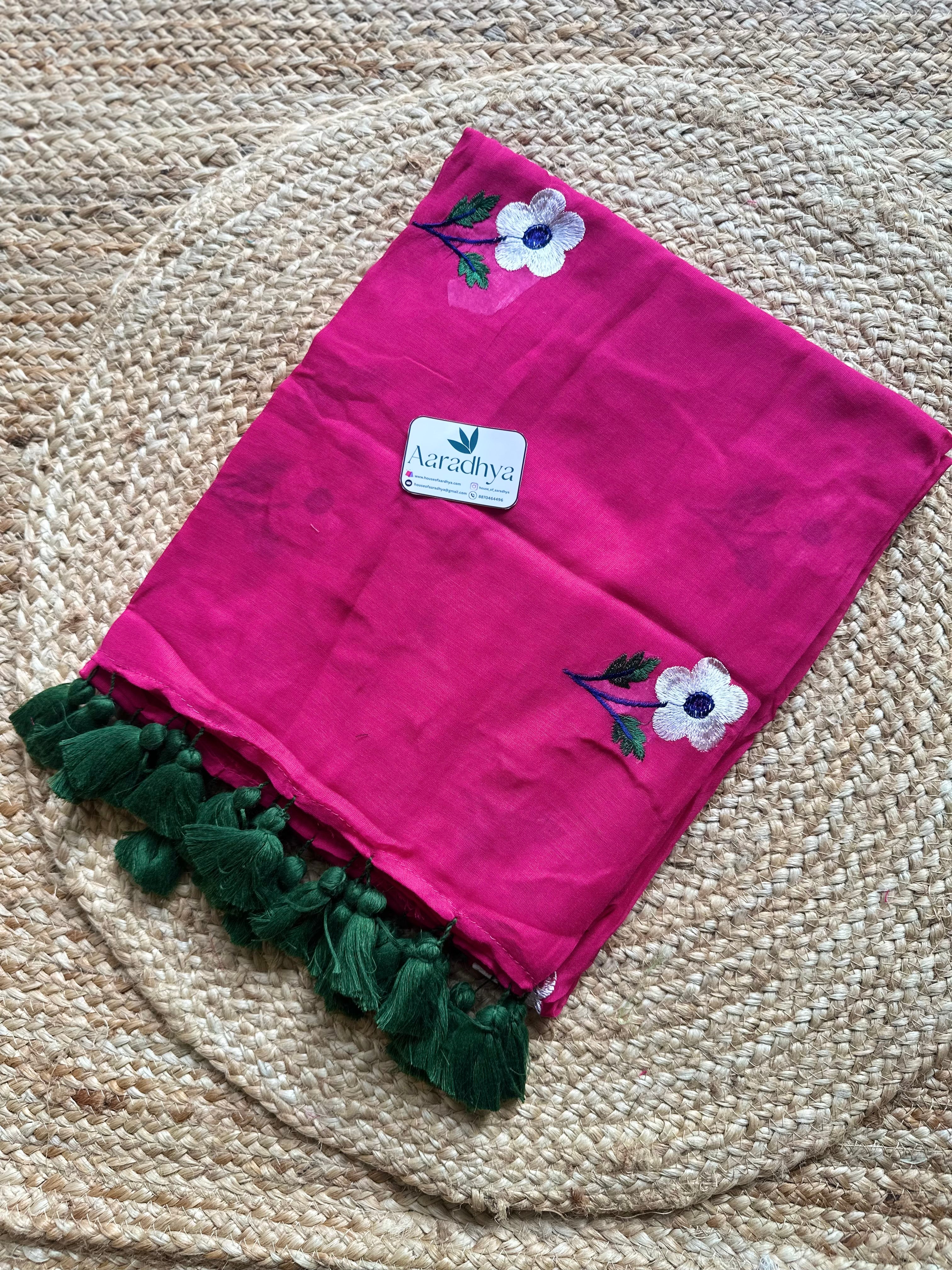 Daisy Embroidery | Pink Mul Cotton Saree