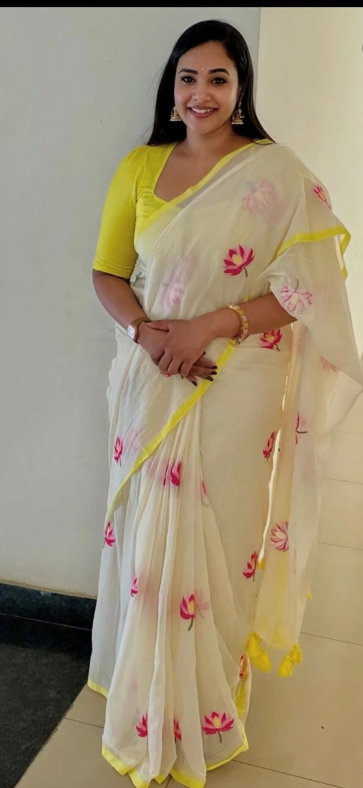 Lotus Embroidery | off white Mul Cotton Saree