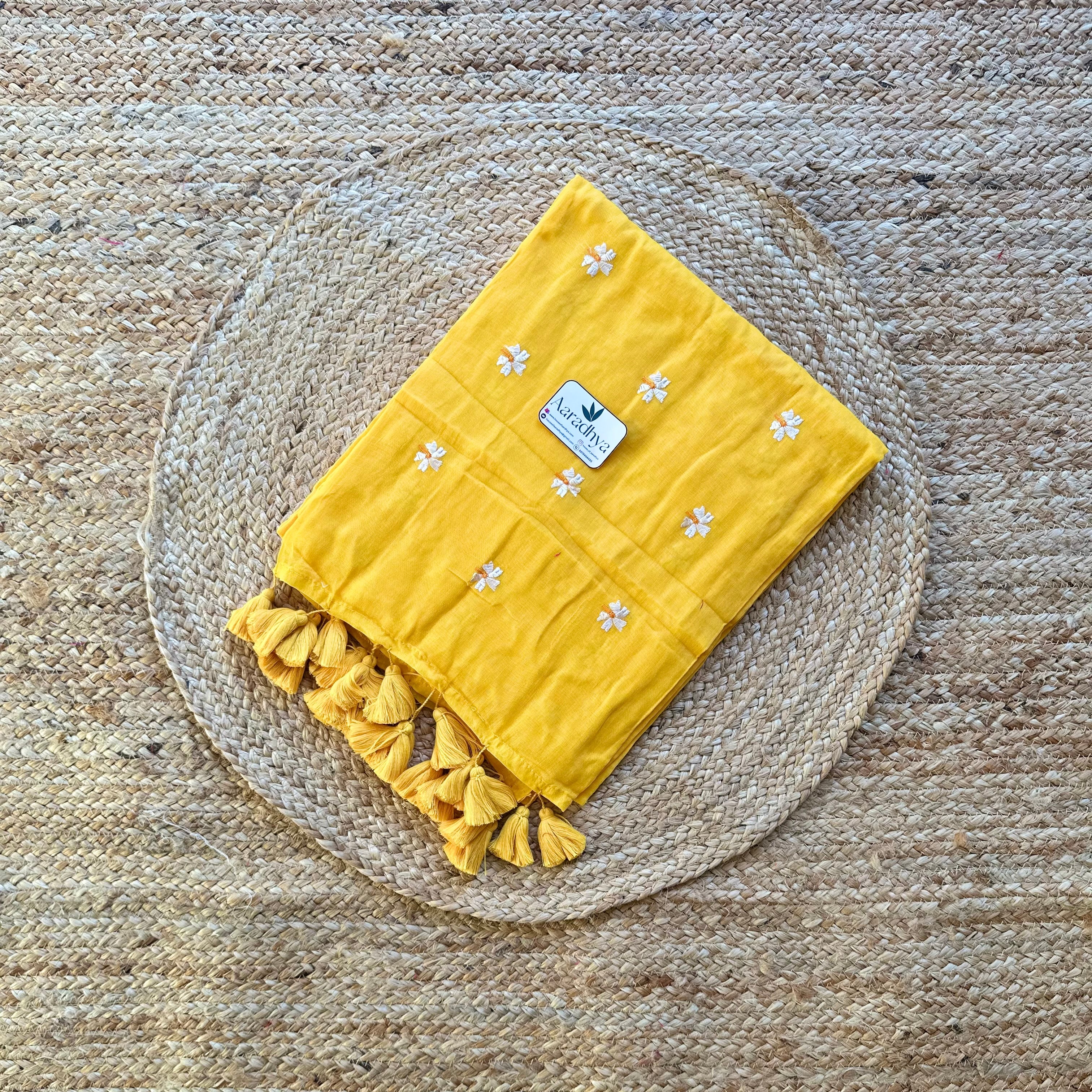 Prajakta Embroidery | Yellow Mul Cotton Saree