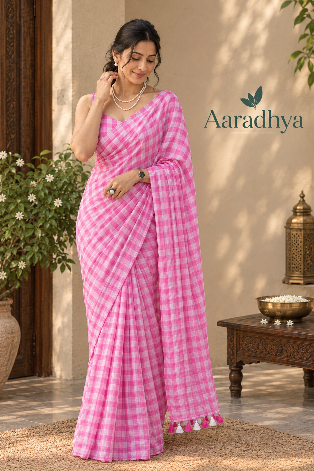 Checked Pattern | Pink and White Mul Cotton Saree