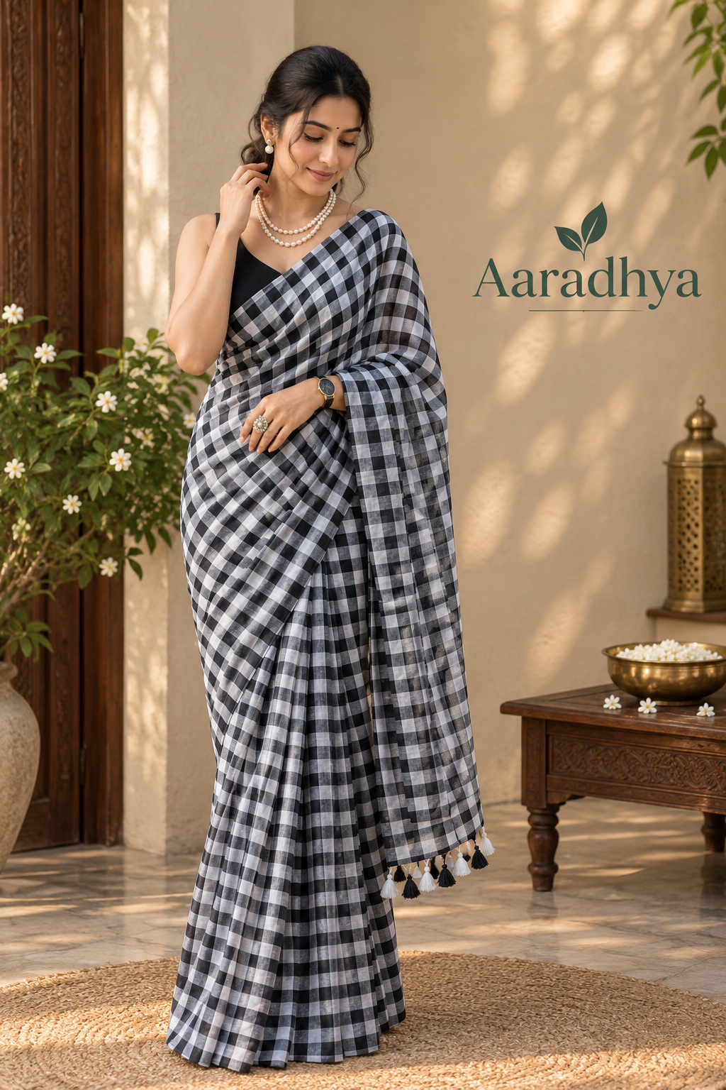 Checked Pattern | Black and White Mul Cotton Saree