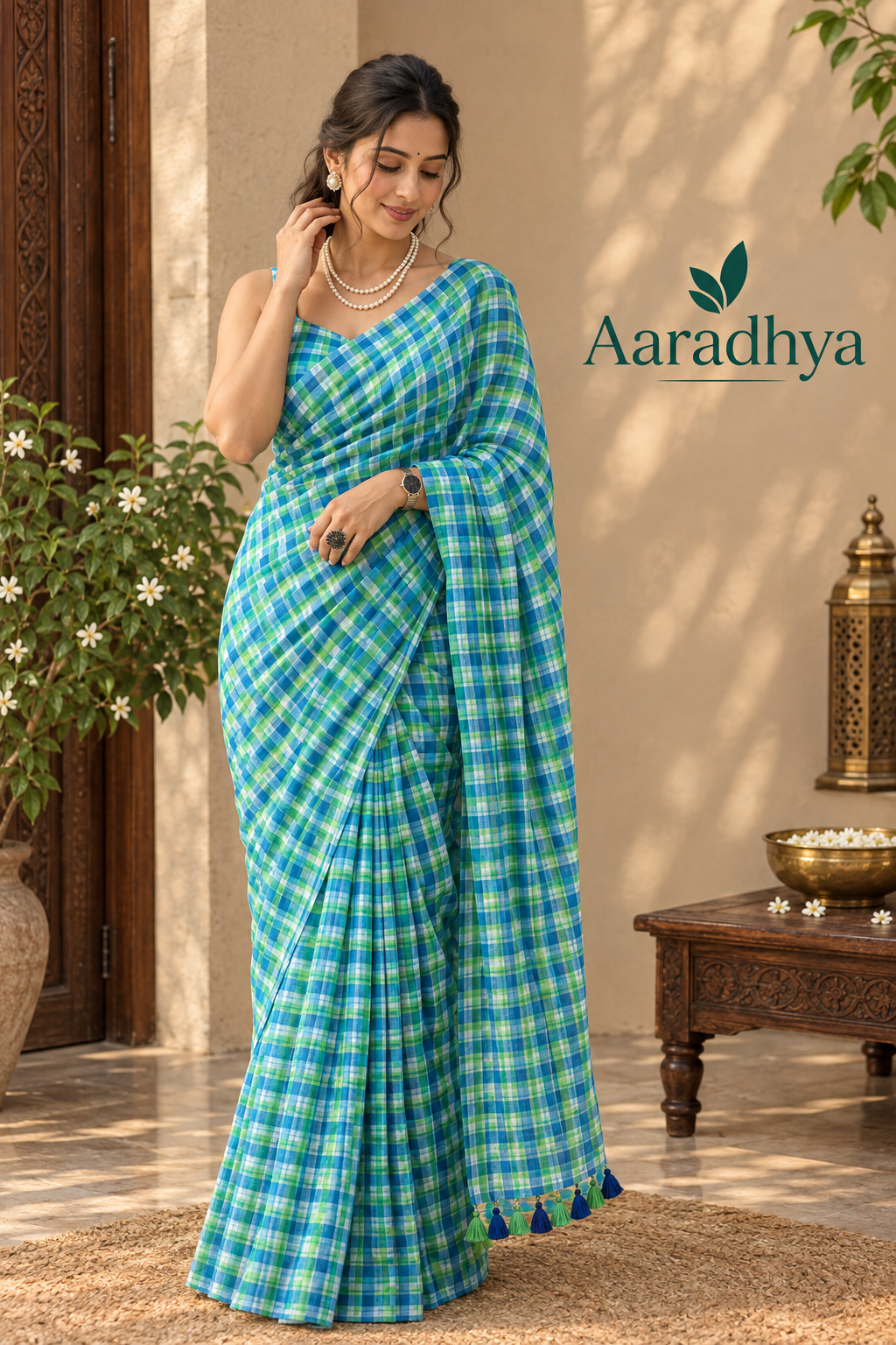 Checked Pattern | Blue and White Mul Cotton Saree