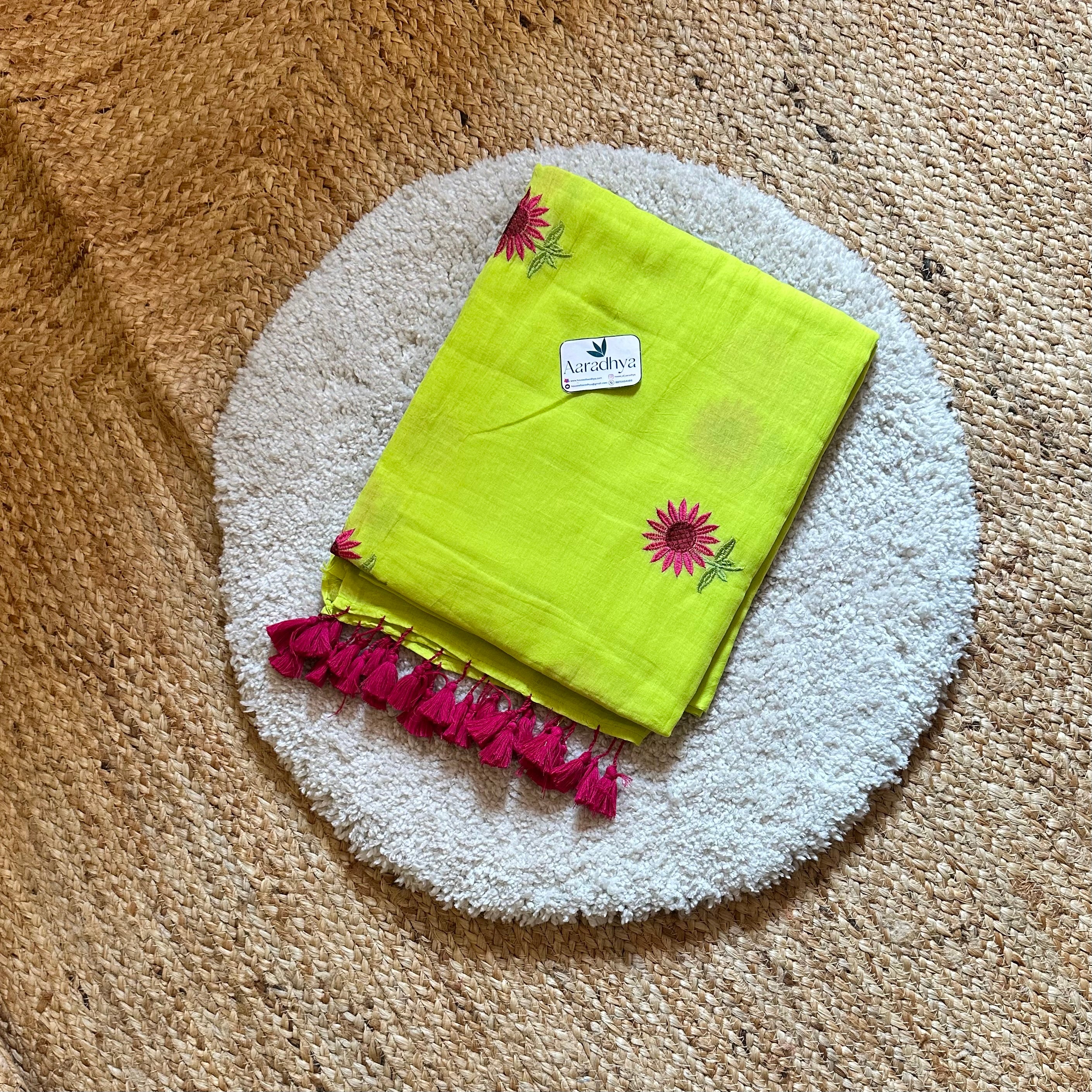 Sunflower Embroidery | Green Mul Cotton Saree