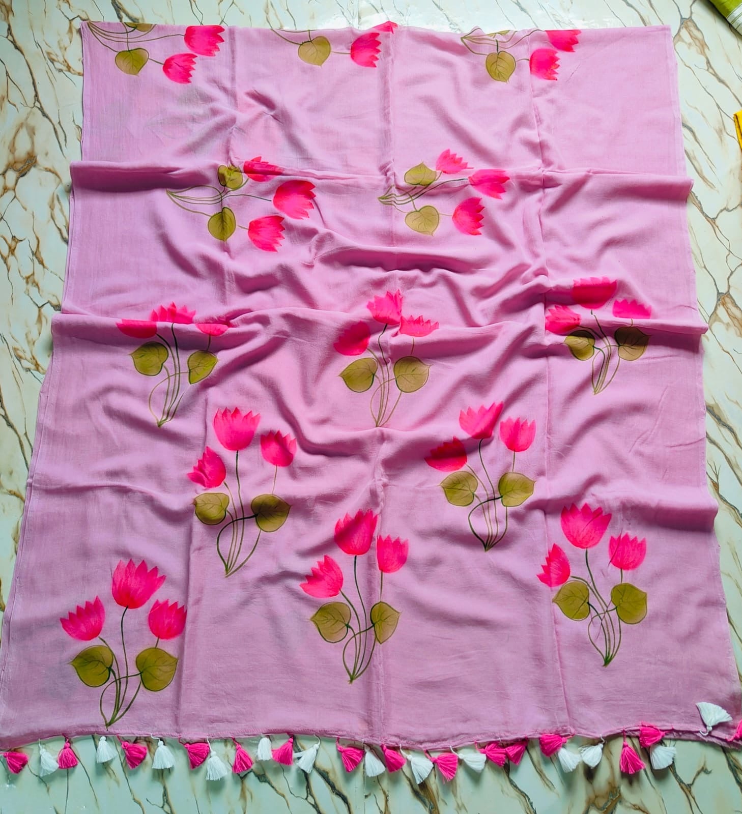 Lotus Hand Painted |Pink Mul Cotton Saree