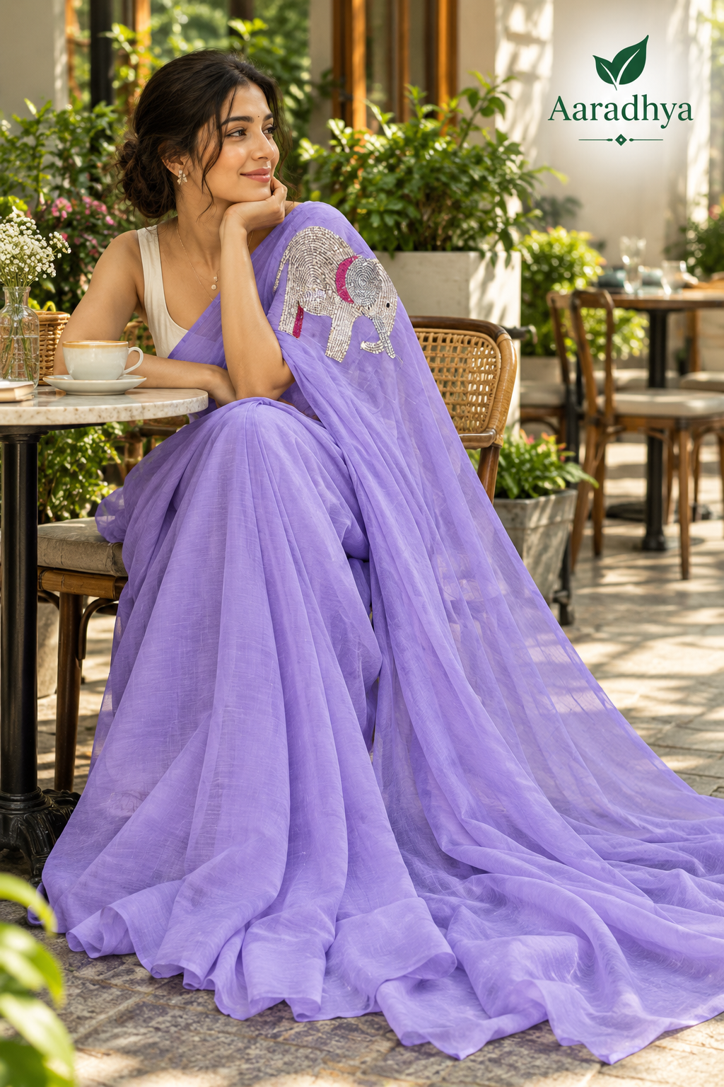 Party Wear Elephant Sequins Work | Lavender Mul Cotton Saree