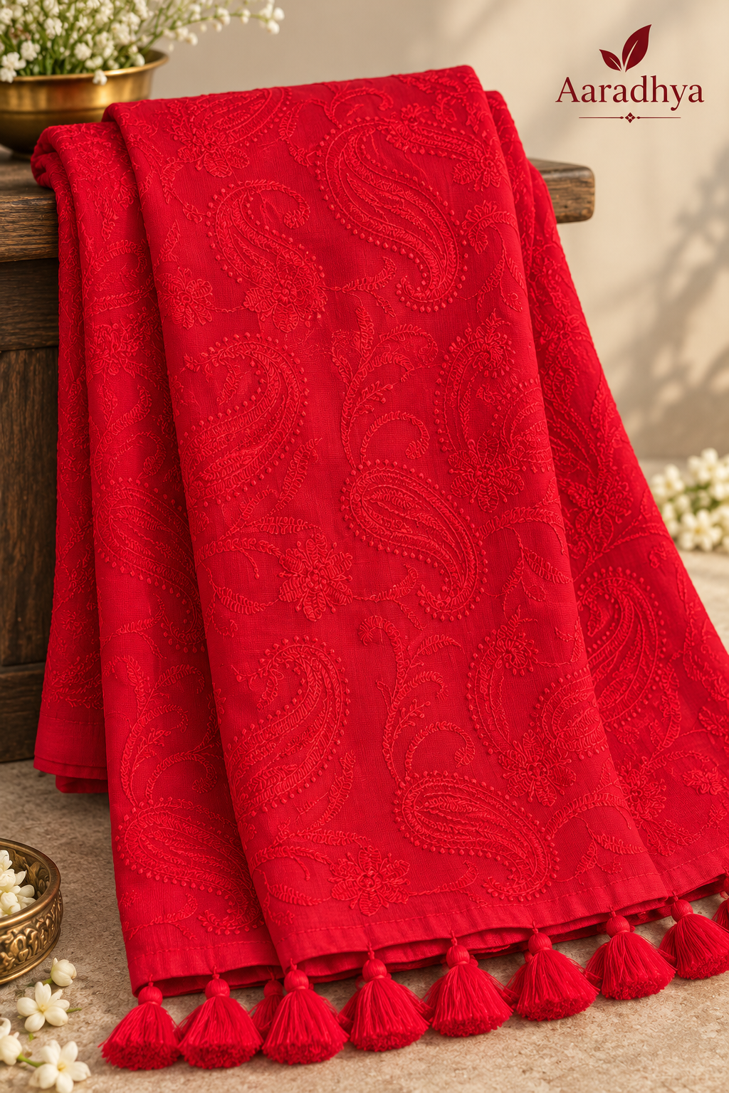 Chikankari Embroidery | Red Mul Cotton Saree