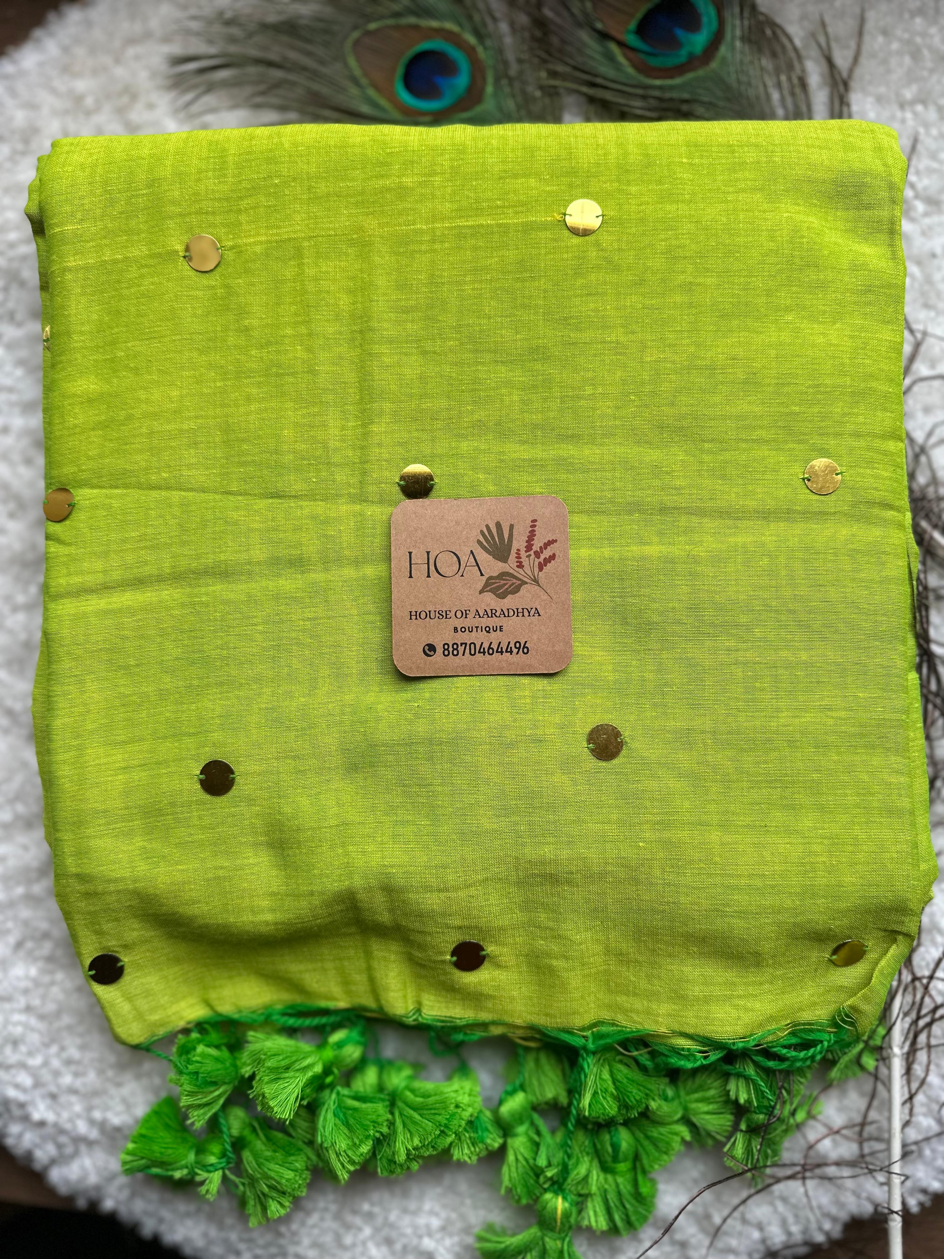 GINI Work | Parrot Green Soft Cotton Saree