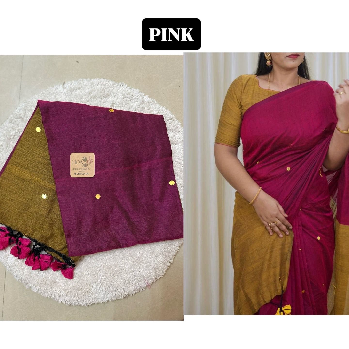 Dual Tone GINI Work | Pink with mustard yellow Cotton Saree