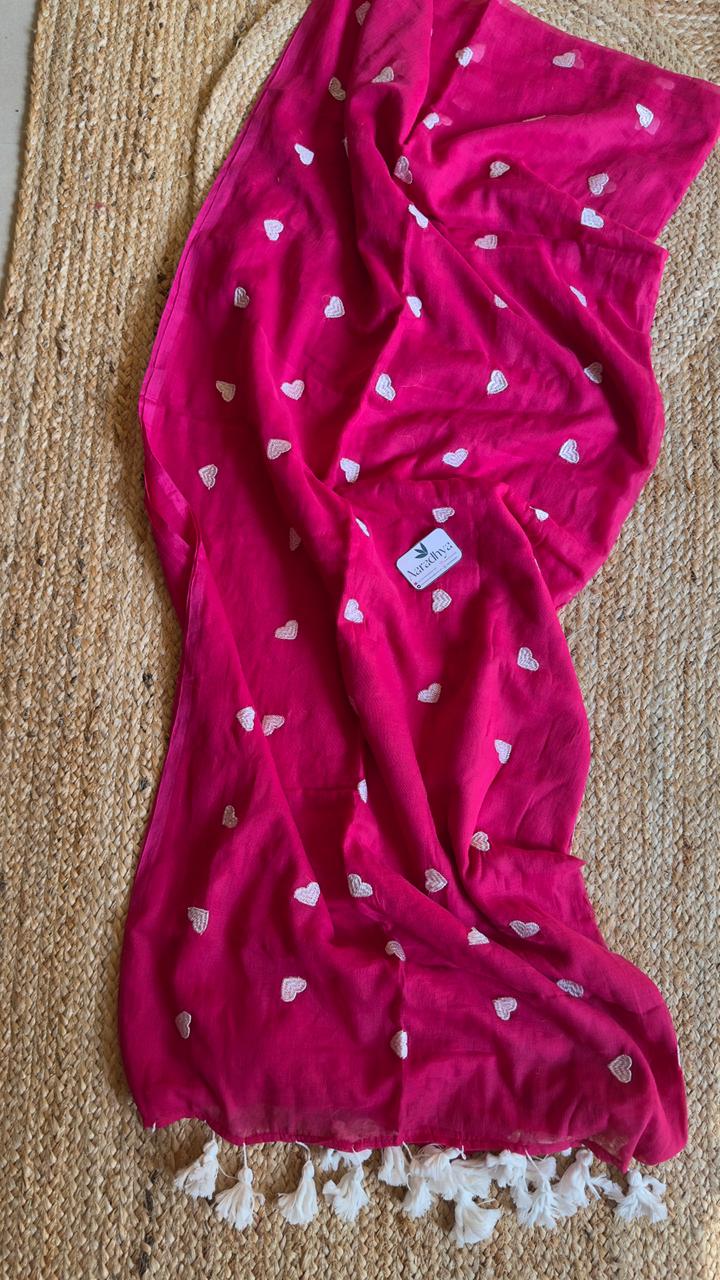 Heart Embroidery | Pink Mul Cotton Saree