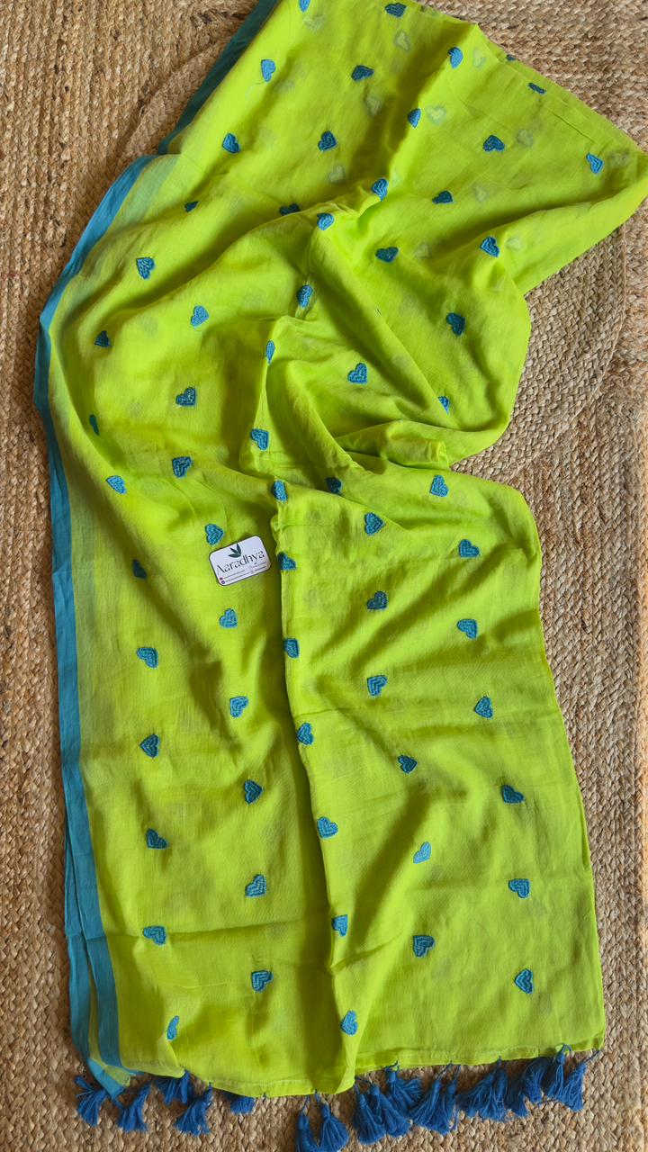 Heart Embroidery | Green Mul Cotton Saree