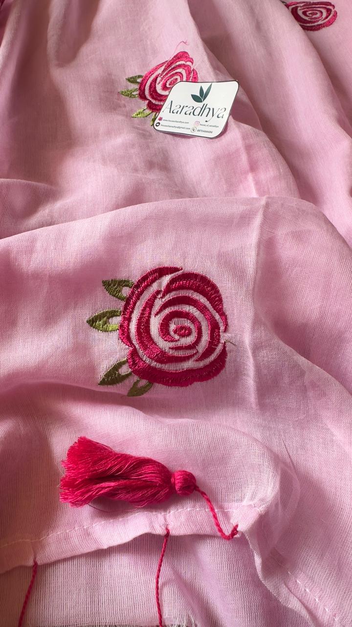 Rose Embroidery | Baby Pink Mul Cotton Saree