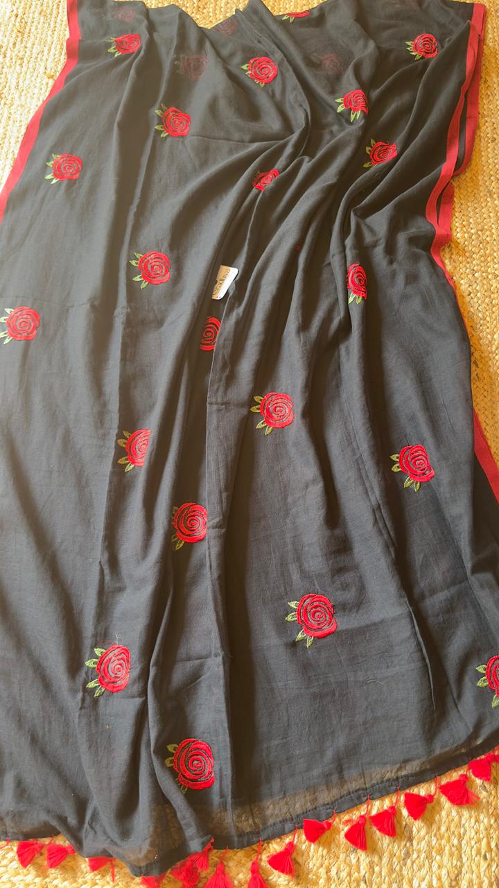 Rose Embroidery | Black Mul Cotton Saree