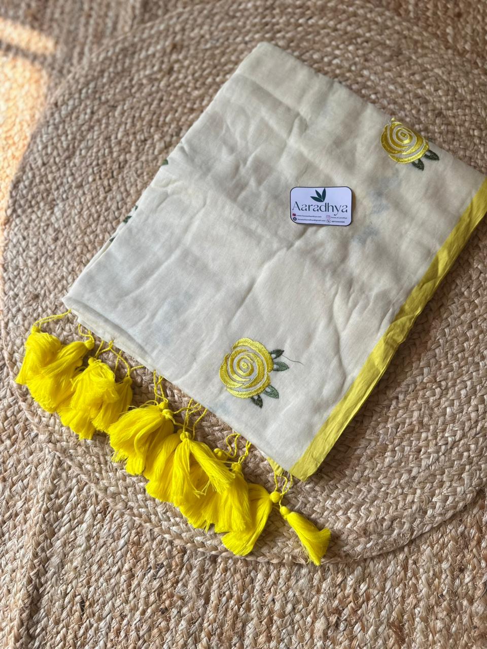 Rose Embroidery | Neon Yellow Mul Cotton Saree