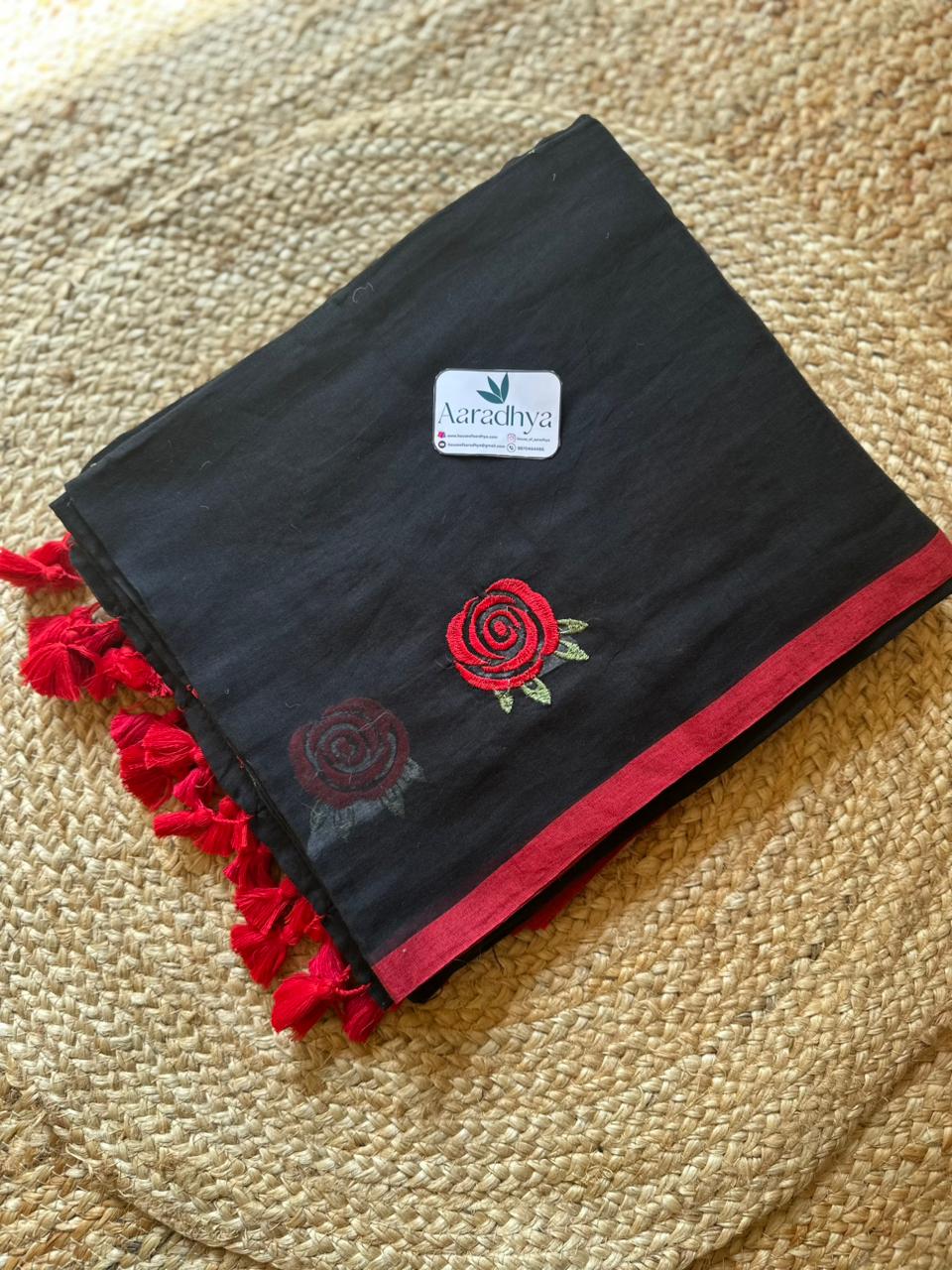Rose Embroidery | Black Mul Cotton Saree