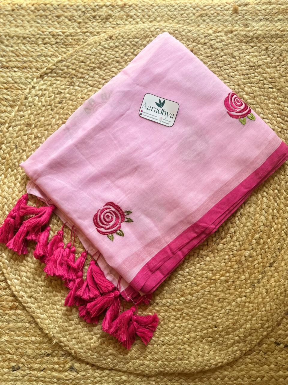 Rose Embroidery | Baby Pink Mul Cotton Saree